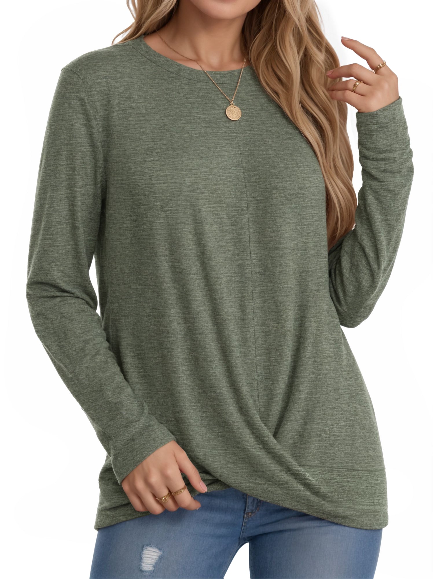 OALUXE Long Sleeve Shirts for Women Dressy Casual Tunic Tops Crewneck Front Twist Blouses