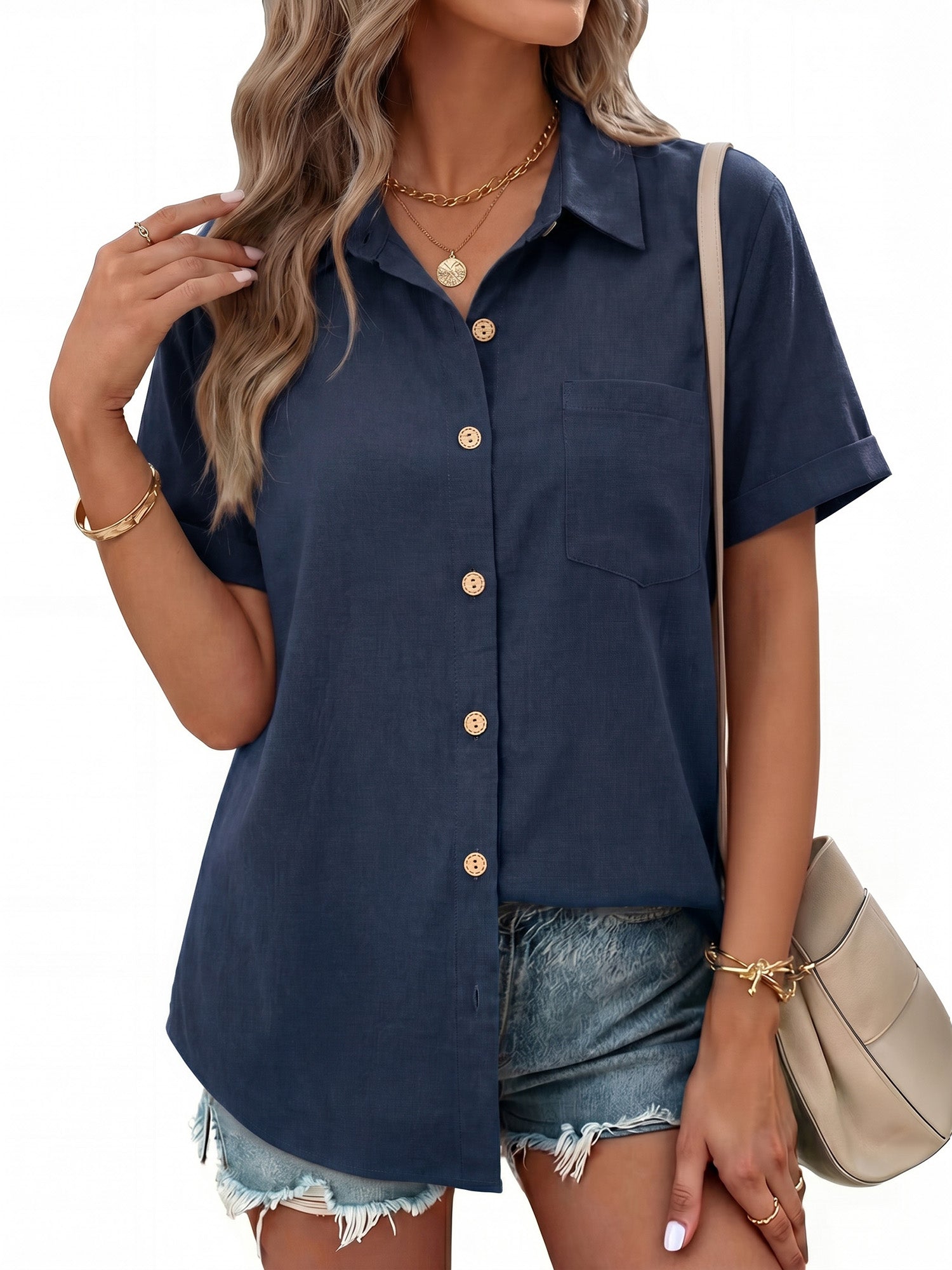 MOYIKO Womens Button Down Shirts Short Sleeve Shirt Collared Casual Work Blouses Summer Tops with Pockets
