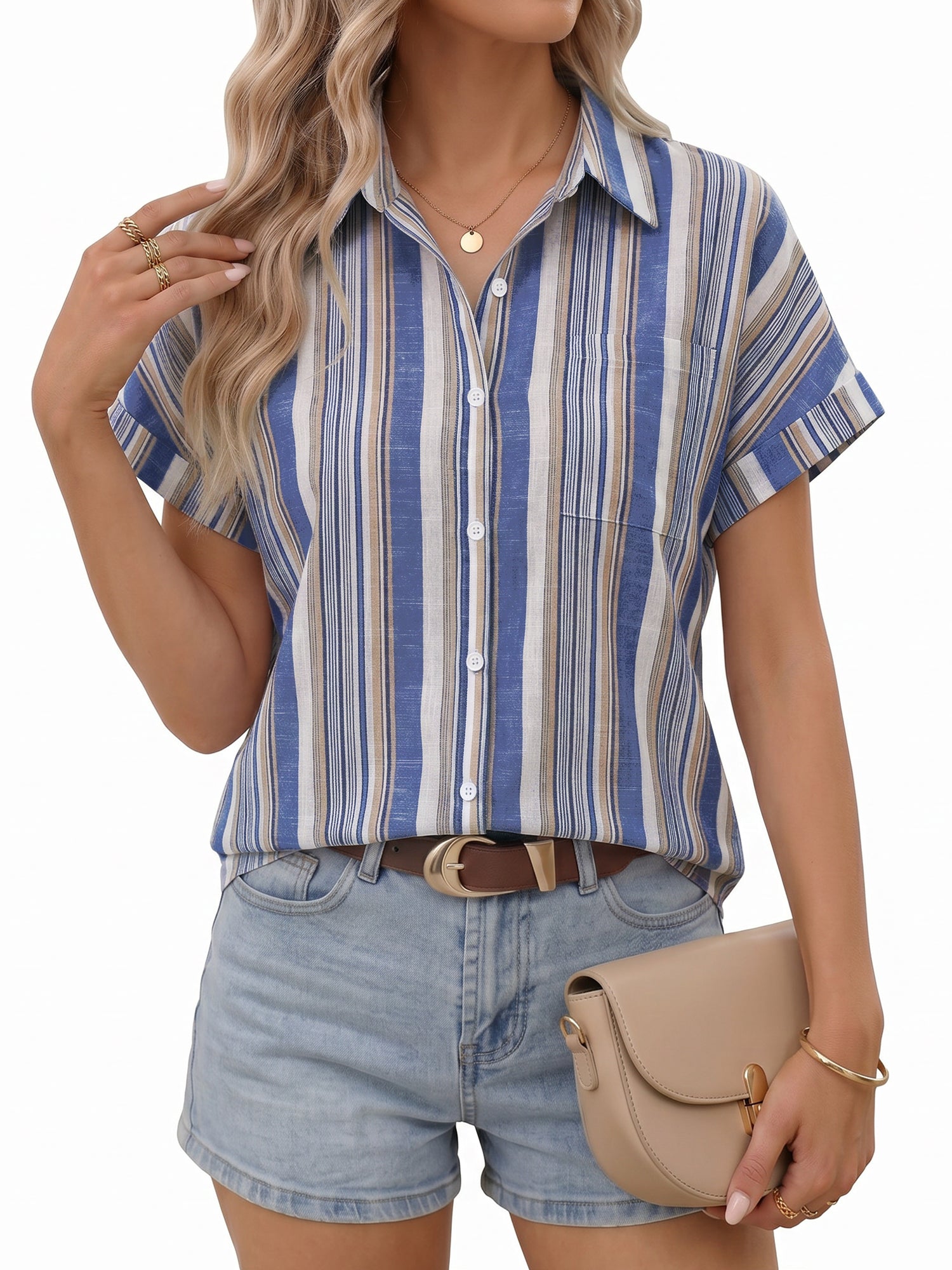 MOYIKO Womens Short Sleeve Striped Shirts Casual Button Down V Neck Work Blouses Tops