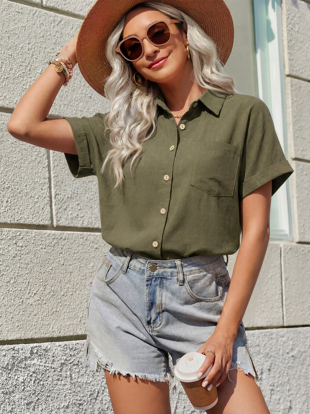 MOYIKO Womens Button Down Shirts Short Sleeve Shirt Collared Casual Work Blouses Summer Tops with Pockets