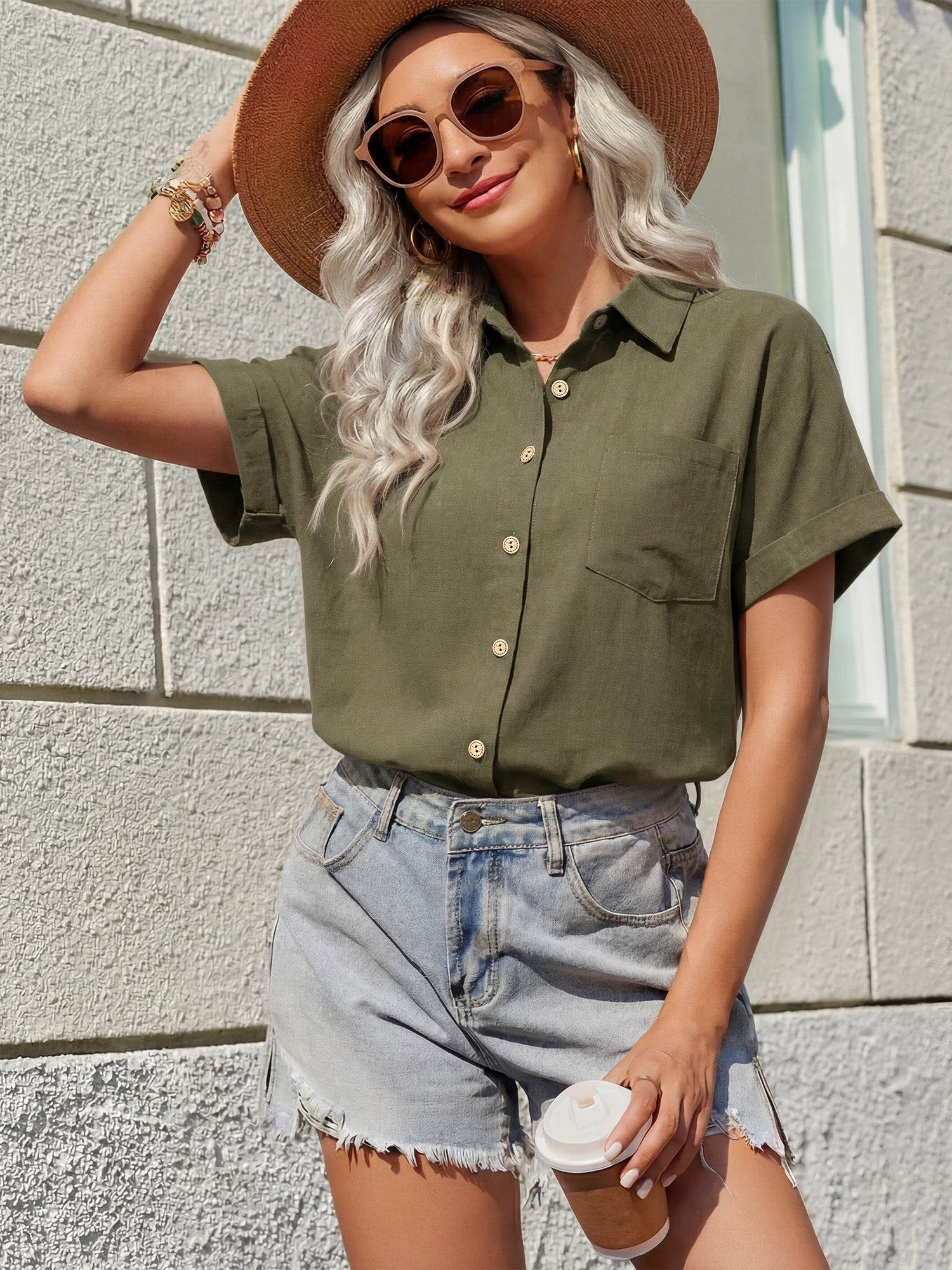 MOYIKO Womens Button Down Shirts Short Sleeve Shirt Collared Casual Work Blouses Summer Tops with Pockets