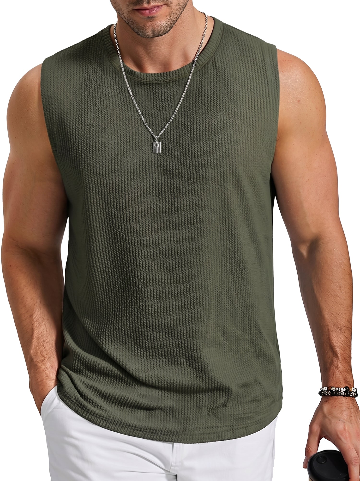 RICHCOIN Mens Tank Top Round Neck Sleeveless Muscle Shirts Lightweight Summer Beach Textured Black Tee