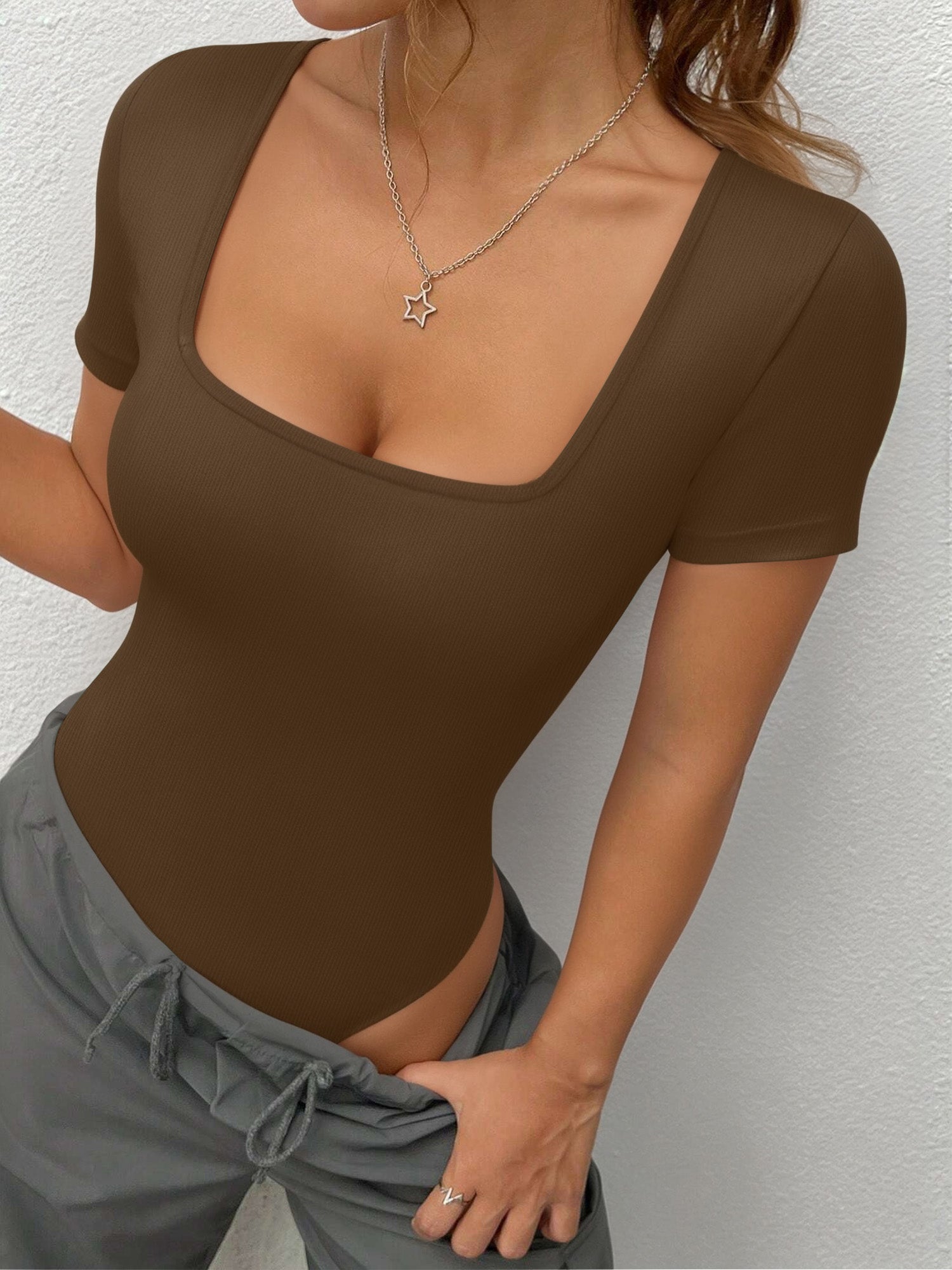 MOYIKO Square Neck Short Sleeve Bodysuits for Women Fitted Tops