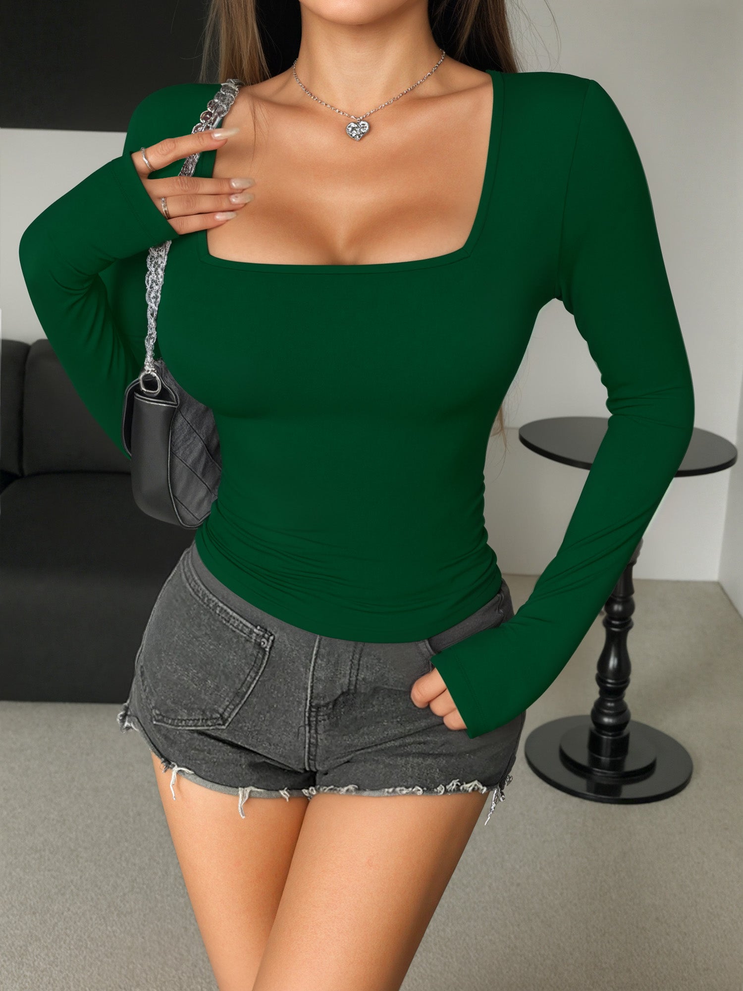 MOYIKO Square Neck Tops for Women Long Sleeve Slim Fitted Shirts Tight Tees