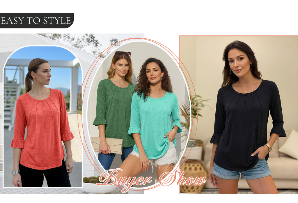 MOYIKO Pleated Blouses for Women 3/4 Length Bell Sleeve T Shirts Dressy Casual Round Neck Summer Tops