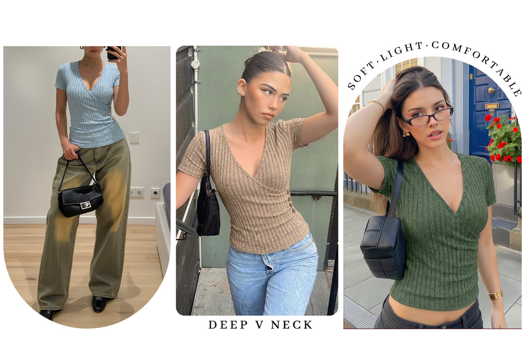 MOYIKO Womens Short Sleeve Summer Tops Trendy V Neck T Shirts Ribbed Knit Slim Fitted Dressy Casual Tees