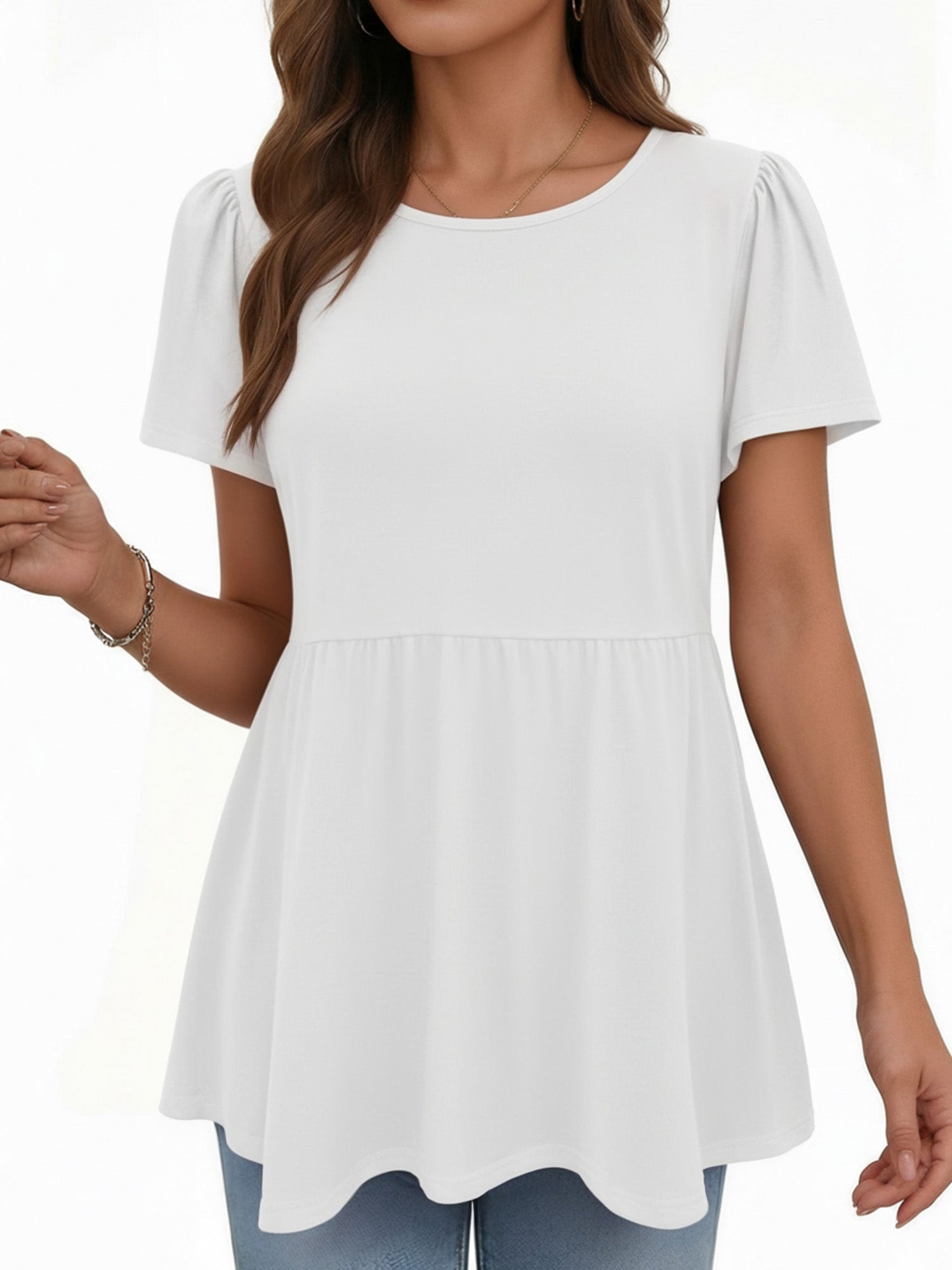 MOYIKO Womens T Shirts Short Sleeve Summer Tops Babydoll Puff Peplum Round Neck Tunic Dressy Casual