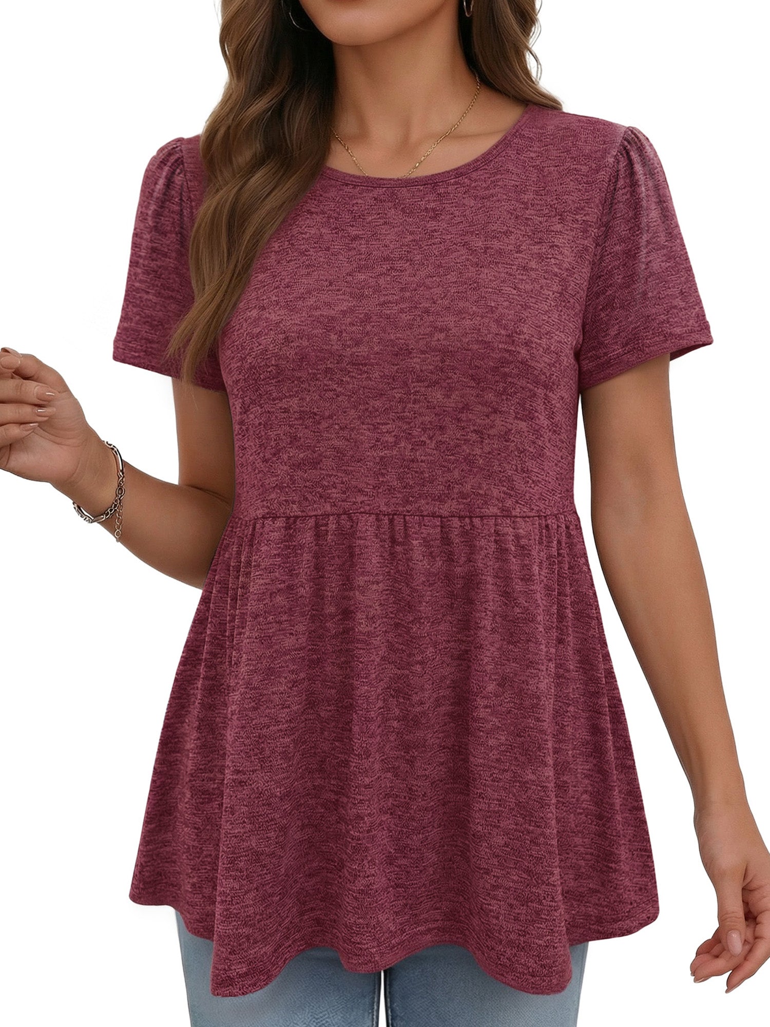 MOYIKO Womens T Shirts Short Sleeve Summer Tops Babydoll Puff Peplum Round Neck Tunic Dressy Casual