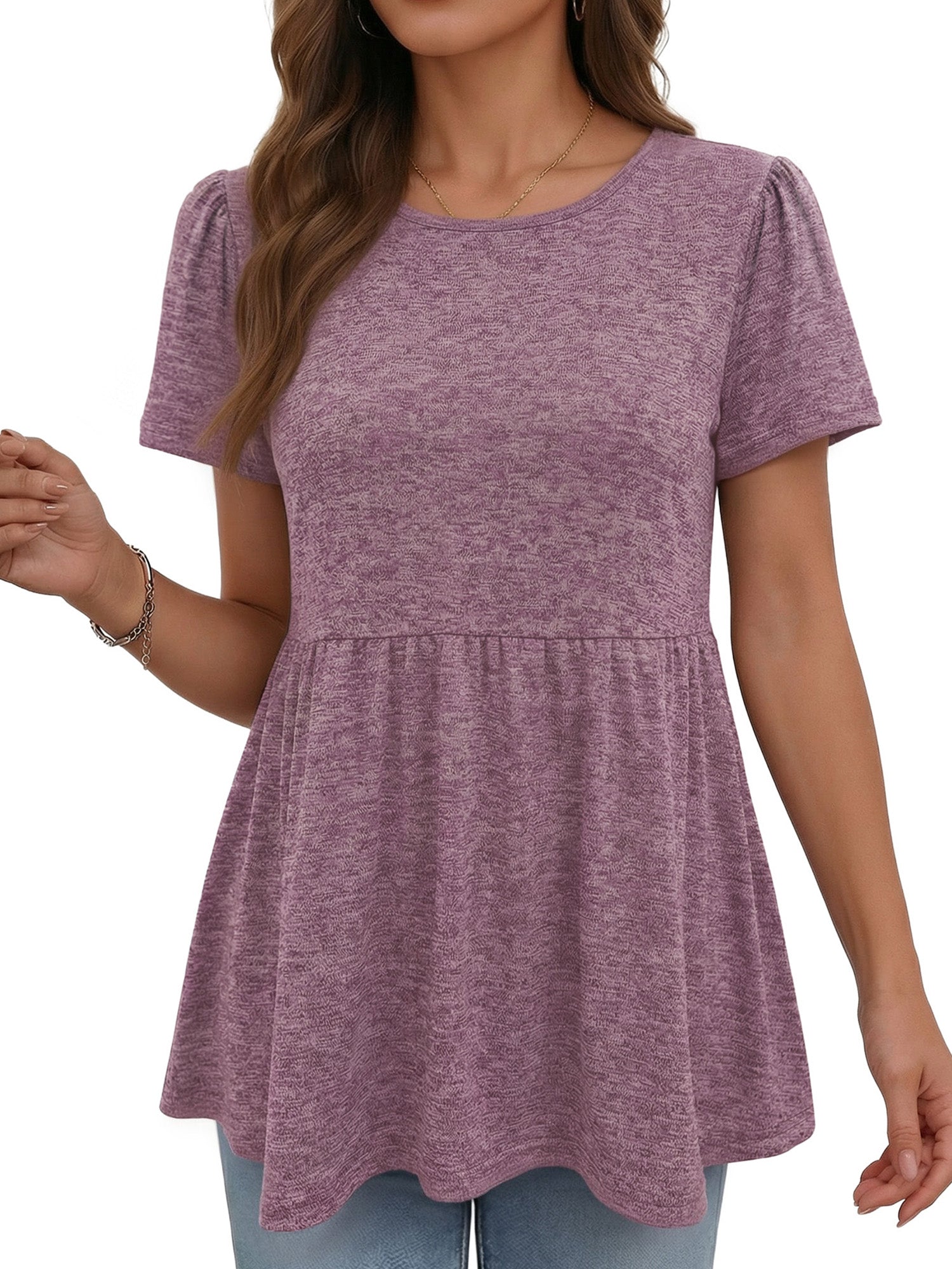 MOYIKO Womens T Shirts Short Sleeve Summer Tops Babydoll Puff Peplum Round Neck Tunic Dressy Casual