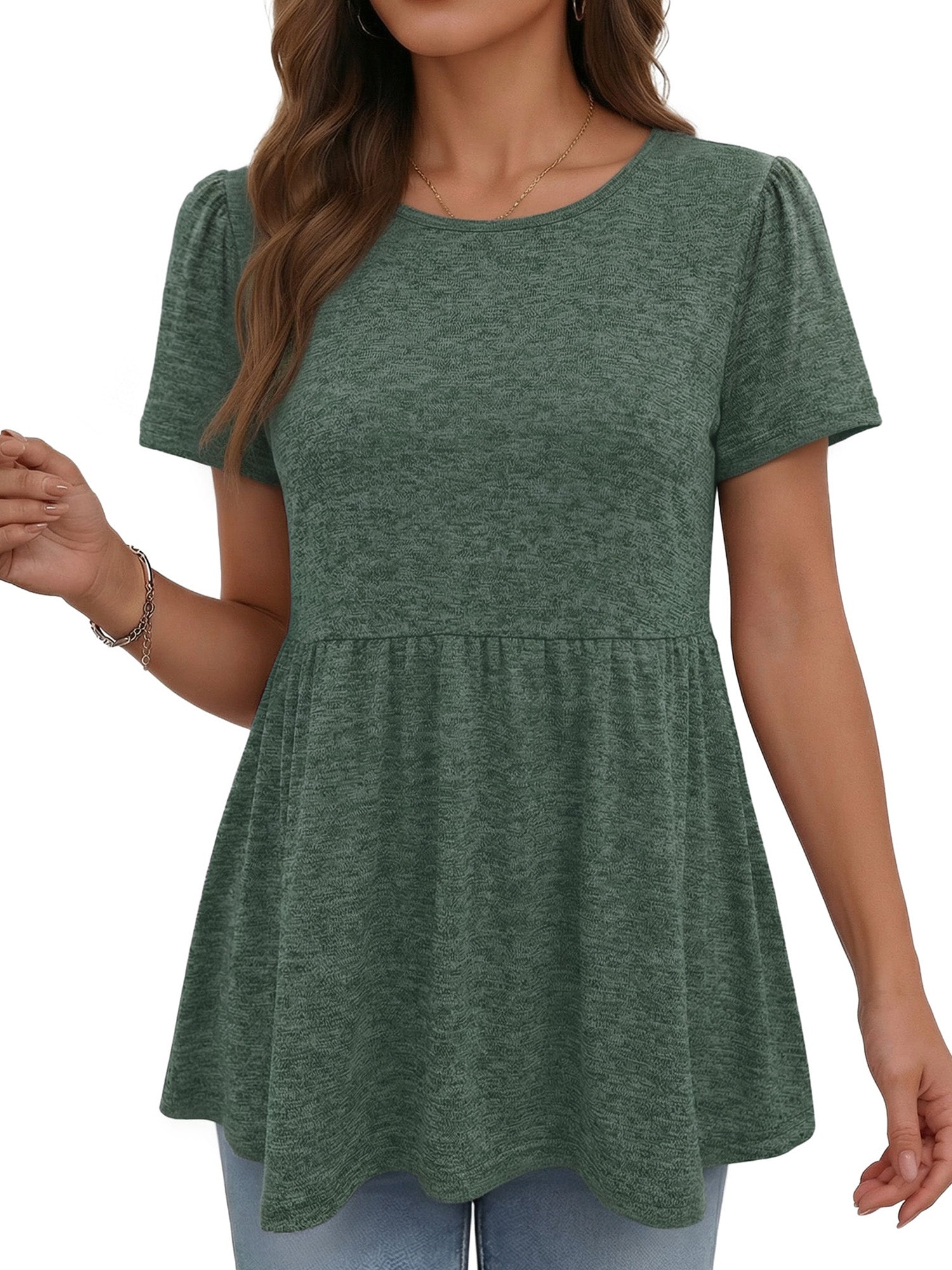 MOYIKO Womens T Shirts Short Sleeve Summer Tops Babydoll Puff Peplum Round Neck Tunic Dressy Casual