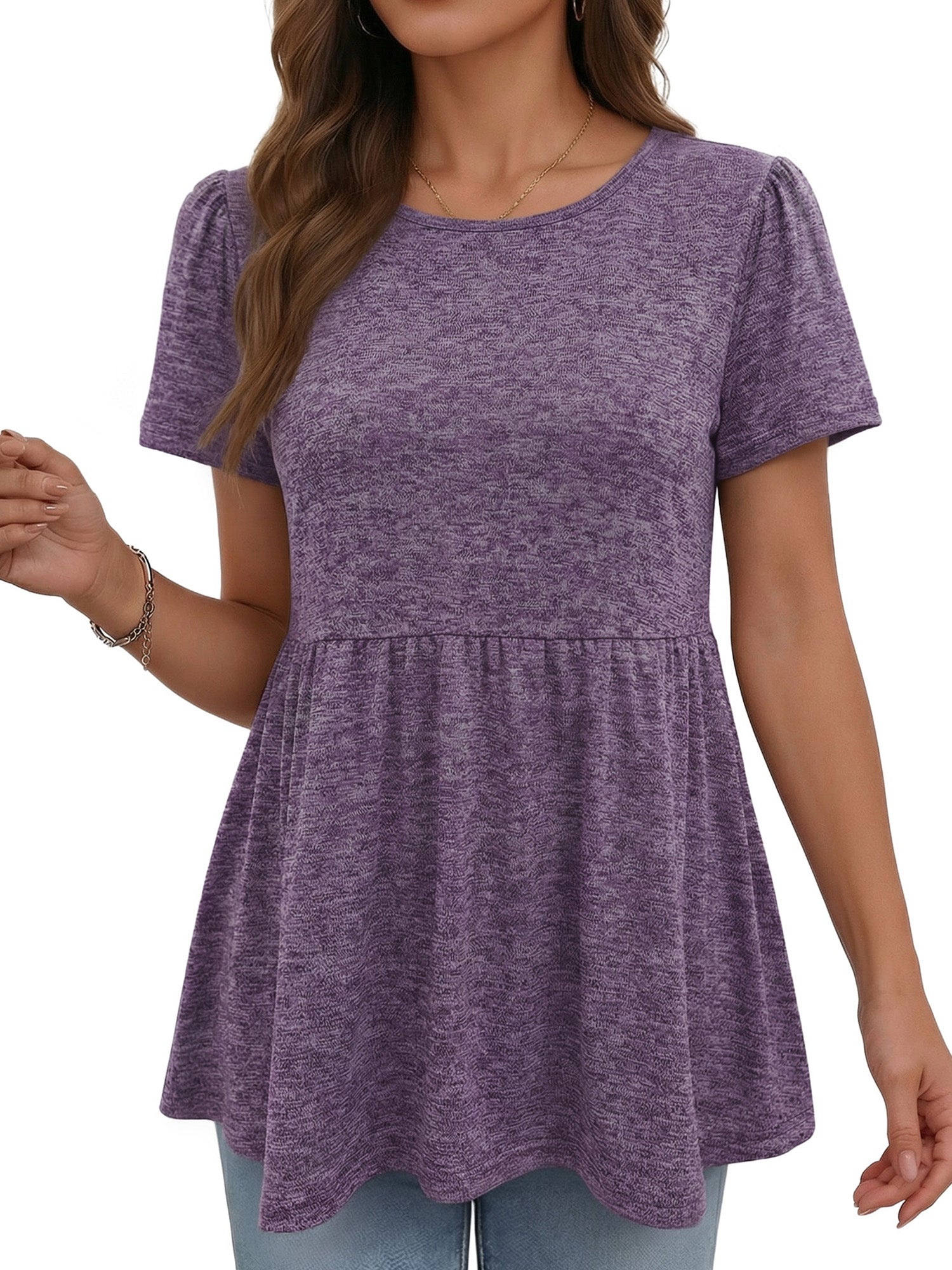 MOYIKO Womens T Shirts Short Sleeve Summer Tops Babydoll Puff Peplum Round Neck Tunic Dressy Casual
