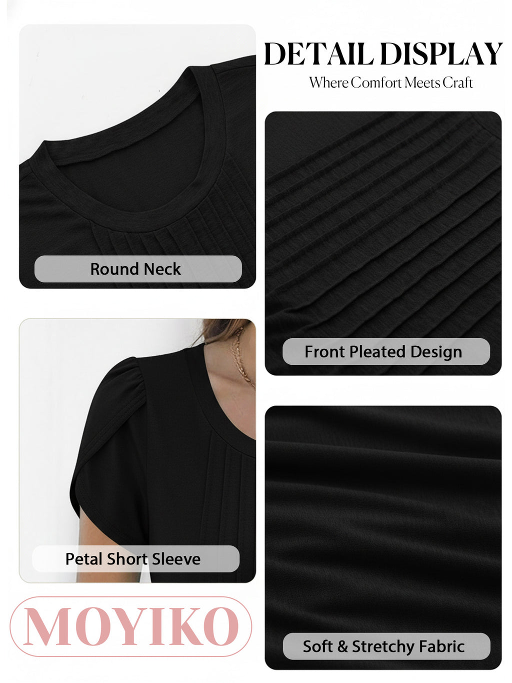 MOYIKO Womens T Shirts Petal Short Sleeve Summer Tops Pleated Tunic Round Neck Blouses Dressy Casual