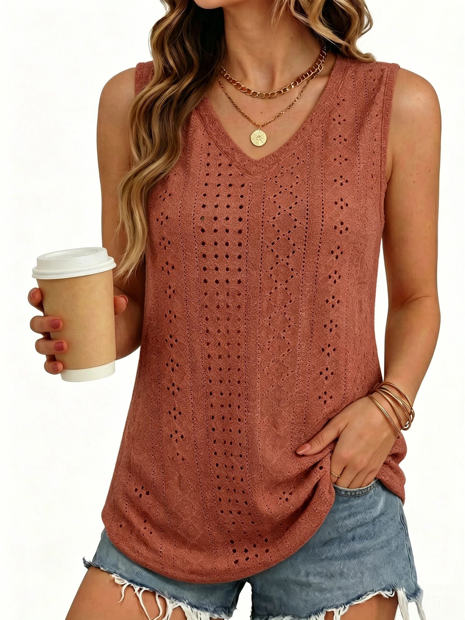 MOYIKO Tank Tops for Women Eyelet V Neck Trendy Sleeveless Tops Dressy Casual Flowy Summer Shirts Loose Fit