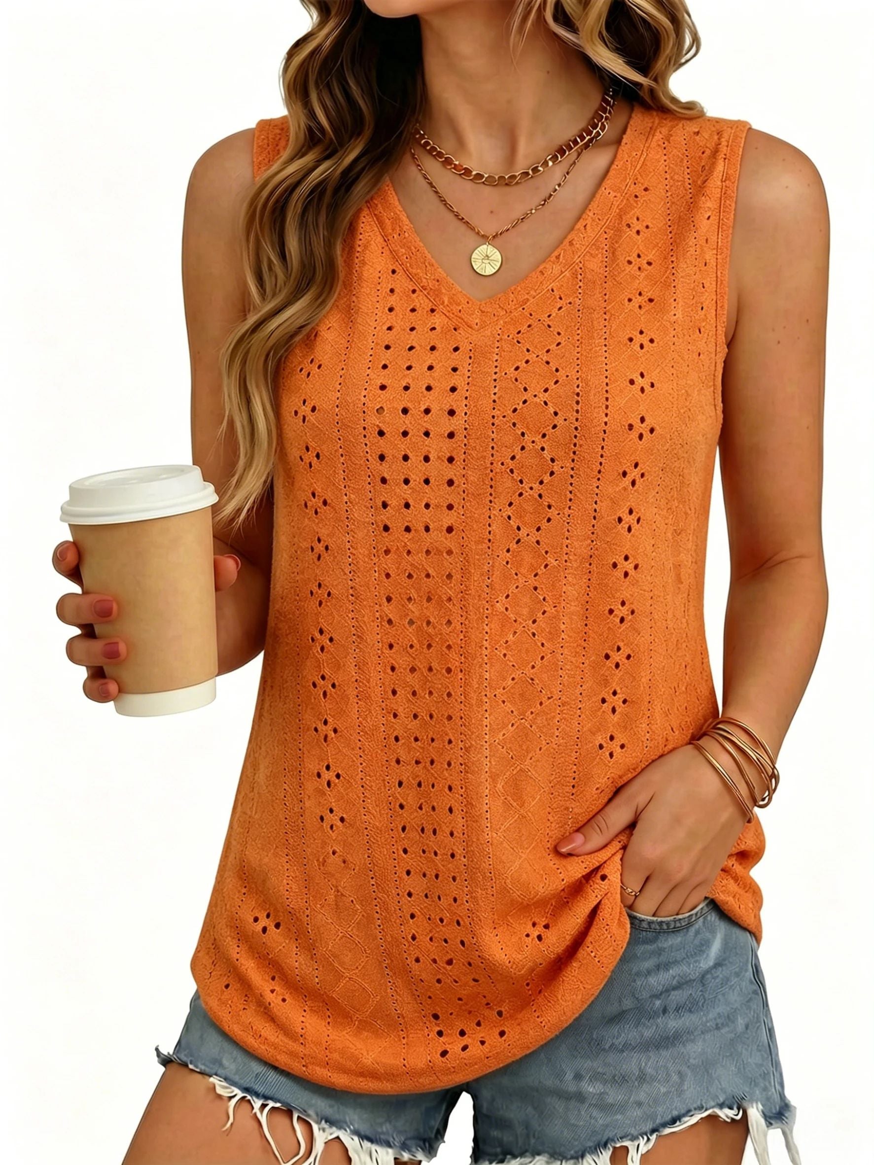MOYIKO Tank Tops for Women Eyelet V Neck Trendy Sleeveless Tops Dressy Casual Flowy Summer Shirts Loose Fit
