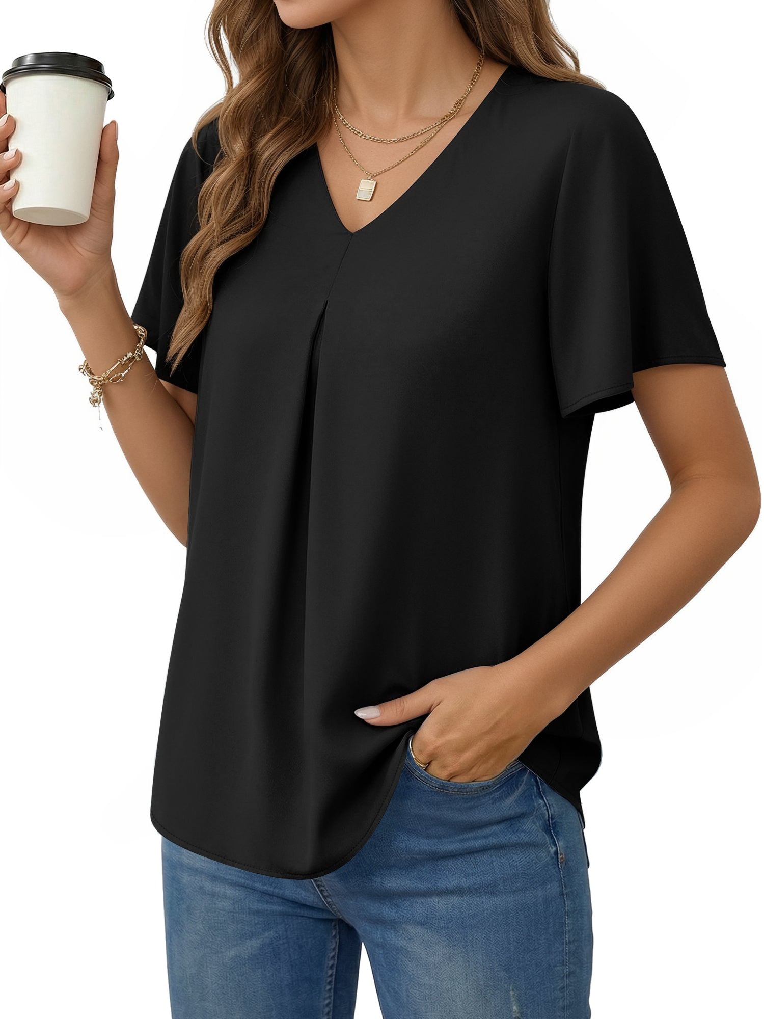 MOYIKO Womens Tops Dressy Blouses V Neck Ruffle Short Sleeve Tunic Tops Casual T-Shirts