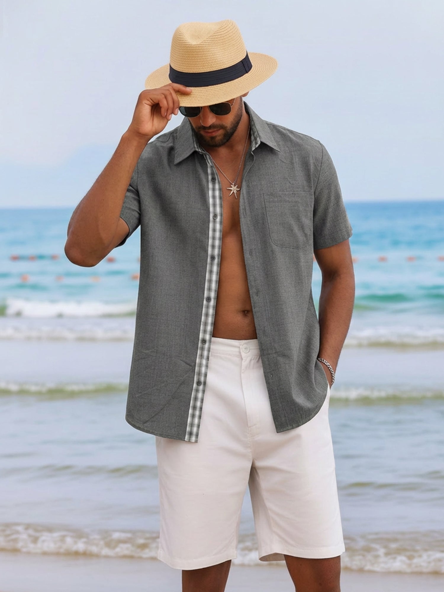 RICHCOIN Men's Button Down Shirts Short Sleeve Casual Summer Beach Vacation Wedding Shirt with Pocket