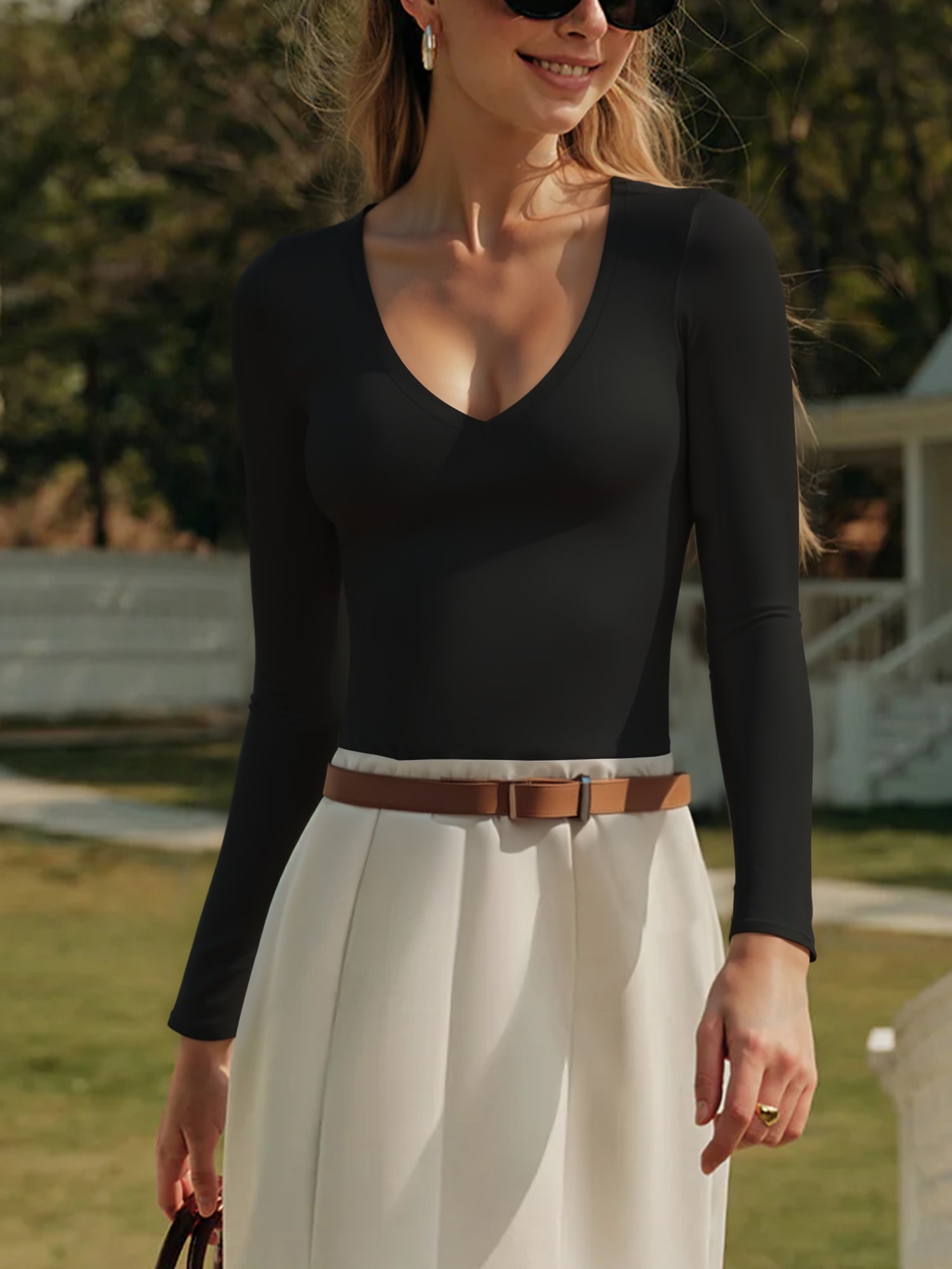 MOYIKO V Neck Long Sleeve Body Suits Womens Slim Fitted Tight Tops