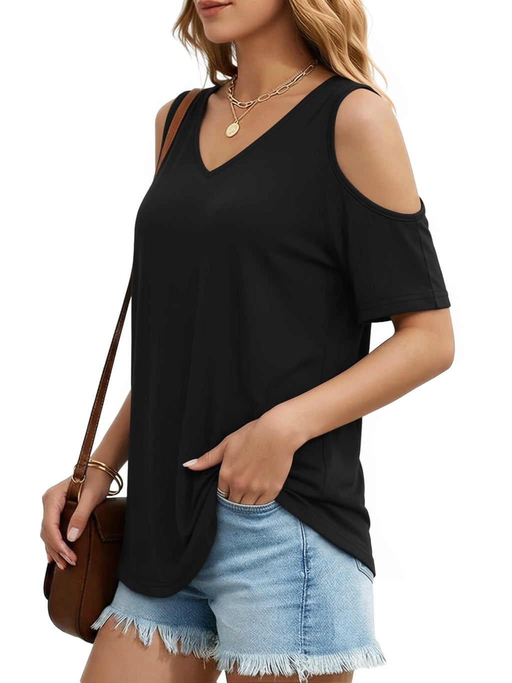 MOYIKO Women's Shirts Cold Shoulder Tops Summer Short Sleeve V Neck Loose Fit T Shirt Basic Black Tee Blouse
