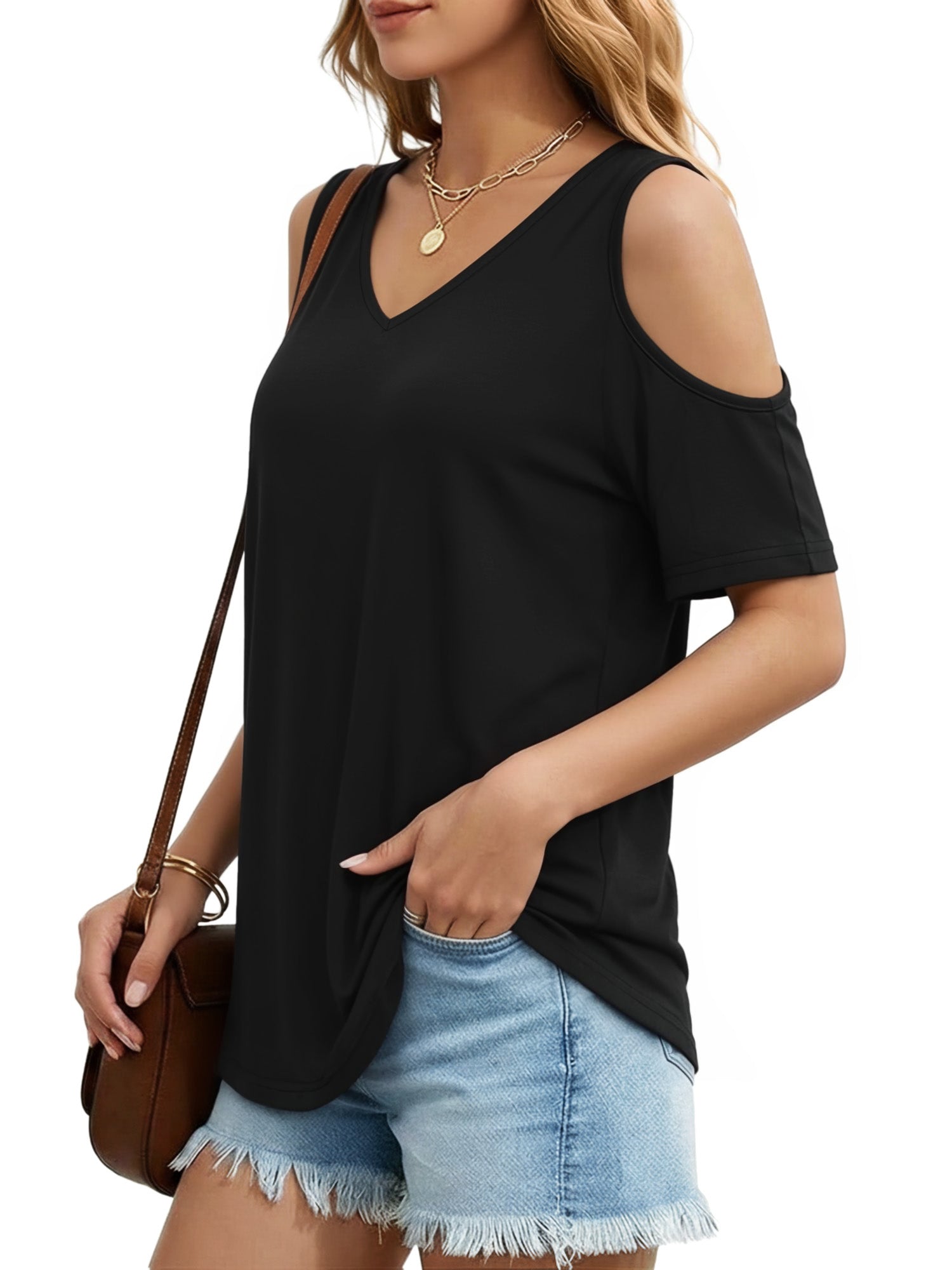MOYIKO Women's Shirts Cold Shoulder Tops Summer Short Sleeve V Neck Loose Fit T Shirt Basic Black Tee Blouse