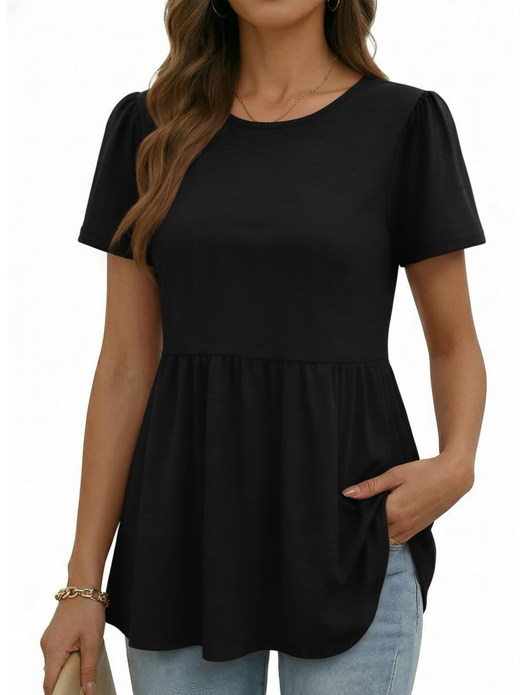MOYIKO Womens T Shirts Short Sleeve Summer Tops Babydoll Puff Peplum Round Neck Tunic Dressy Casual