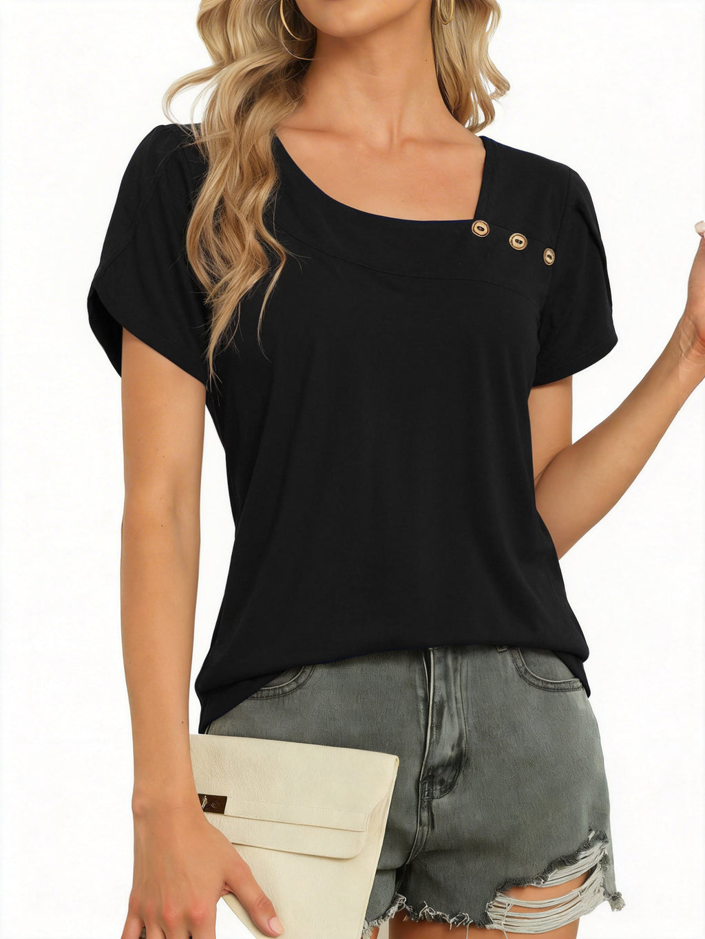 MOYIKO Womens Petal Sleeve Tops Summer Trendy T Shirt Casual Loose Square Neck Button Blouse Tees