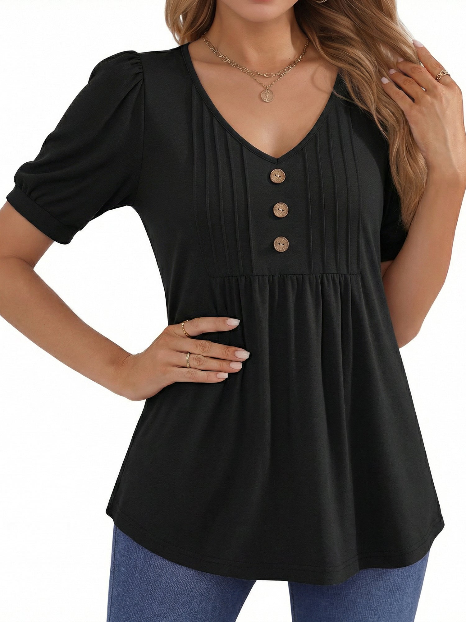 MOYIKO Blouses for Women Pleated Button Puff Short Sleeve Shirts Dressy Casual V Neck Tunic Tops Summer Shirts