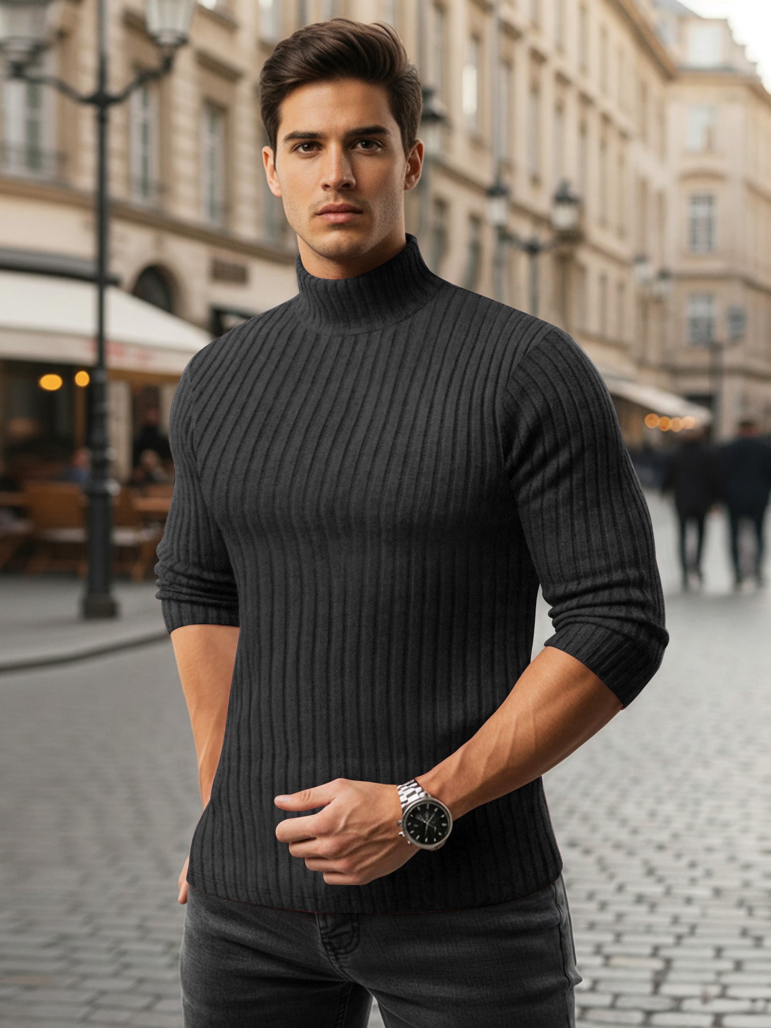 OALUXE Turtleneck Ribbed Long Sleeve Shirts for Mens Undershirts Knit Thermal Fitted Basic Tops