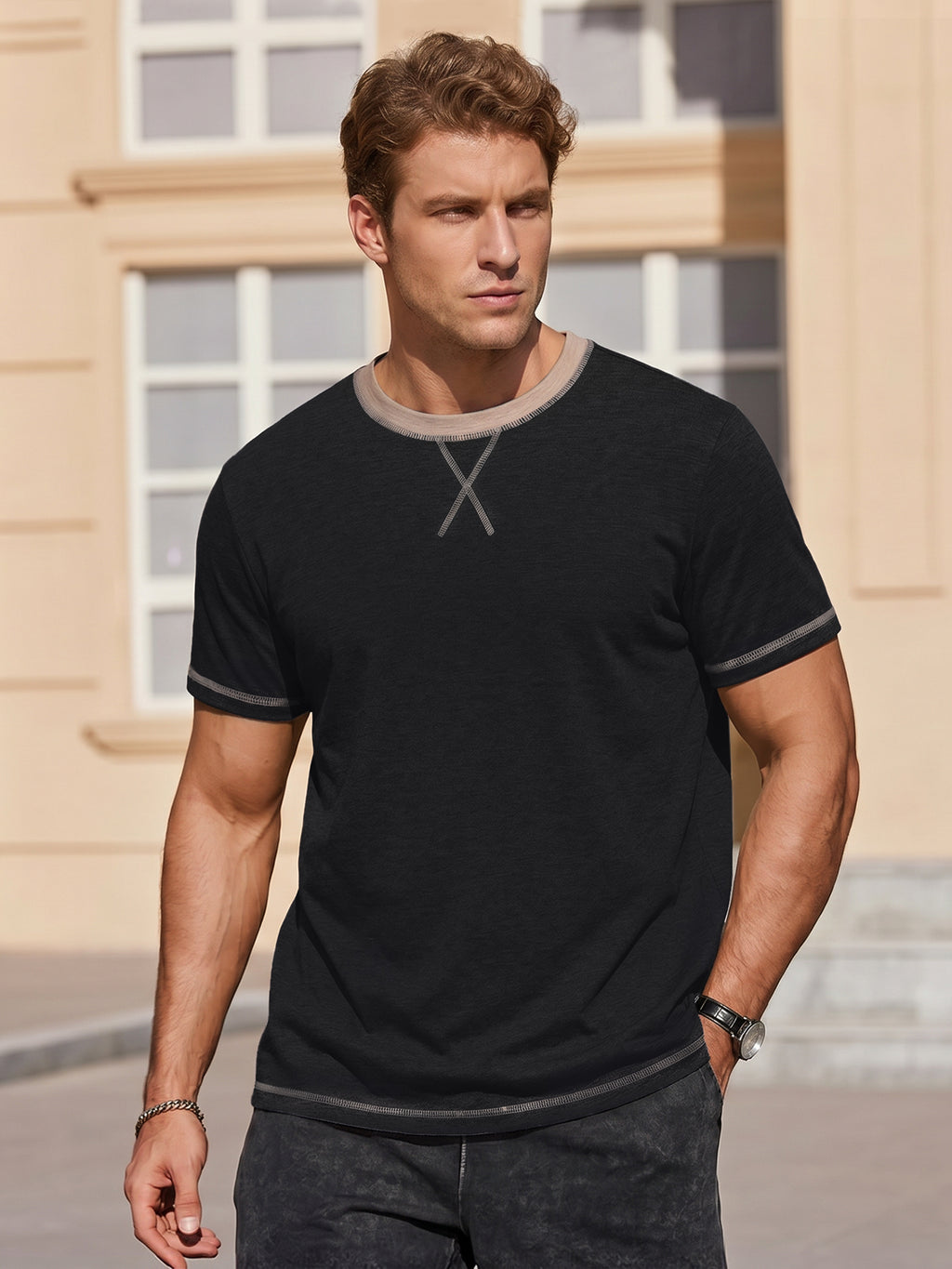 RICHCOIN Mens T Shirt Short Sleeve Crewneck Casual Color Block Summer Tops