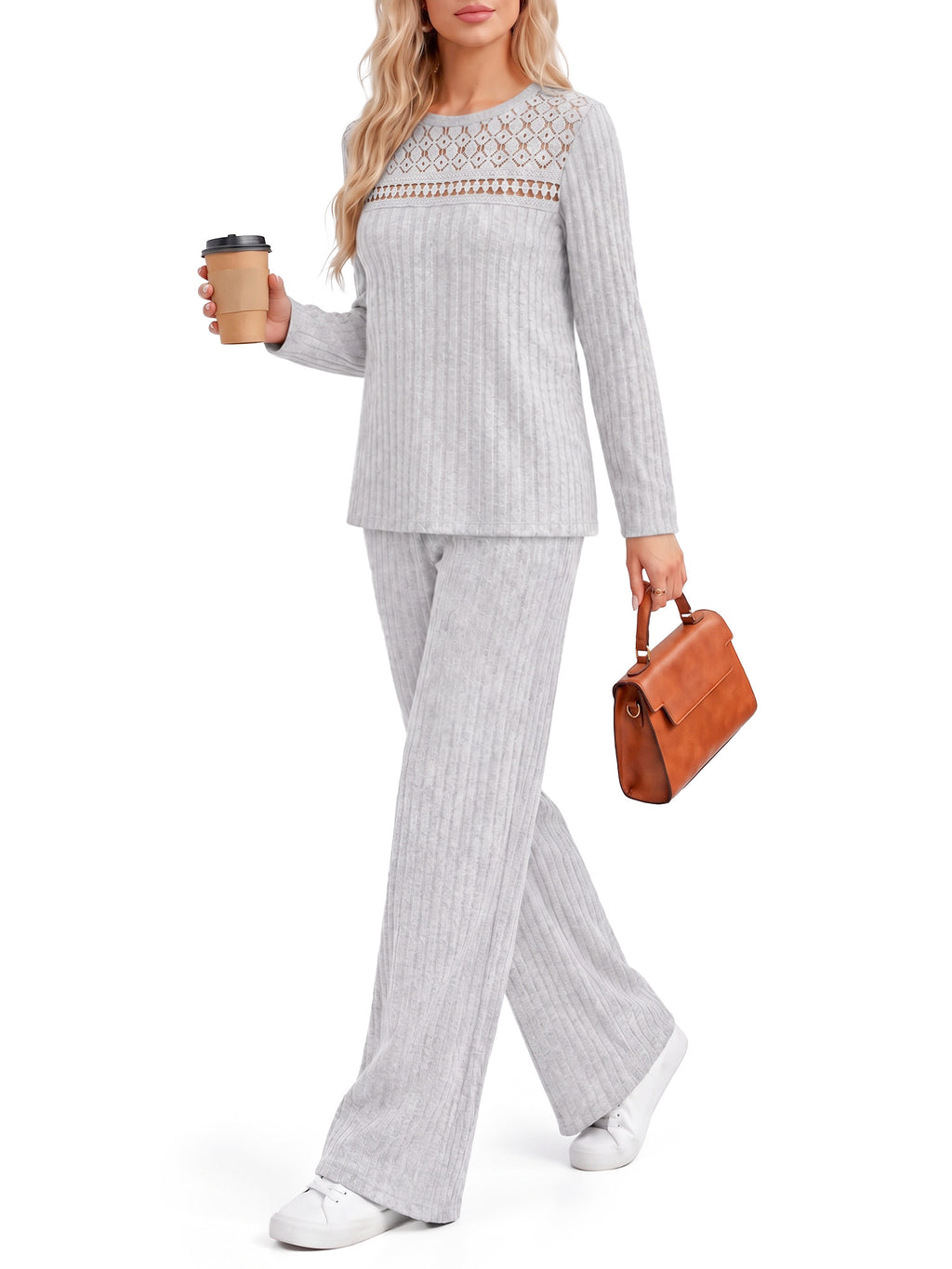 MOYIKO Two Piece Lounge Sets for Women Casual Lace Pajamas Set Wide Leg Pants Winter Matching 2 Piece Outfits Trendy Clothes