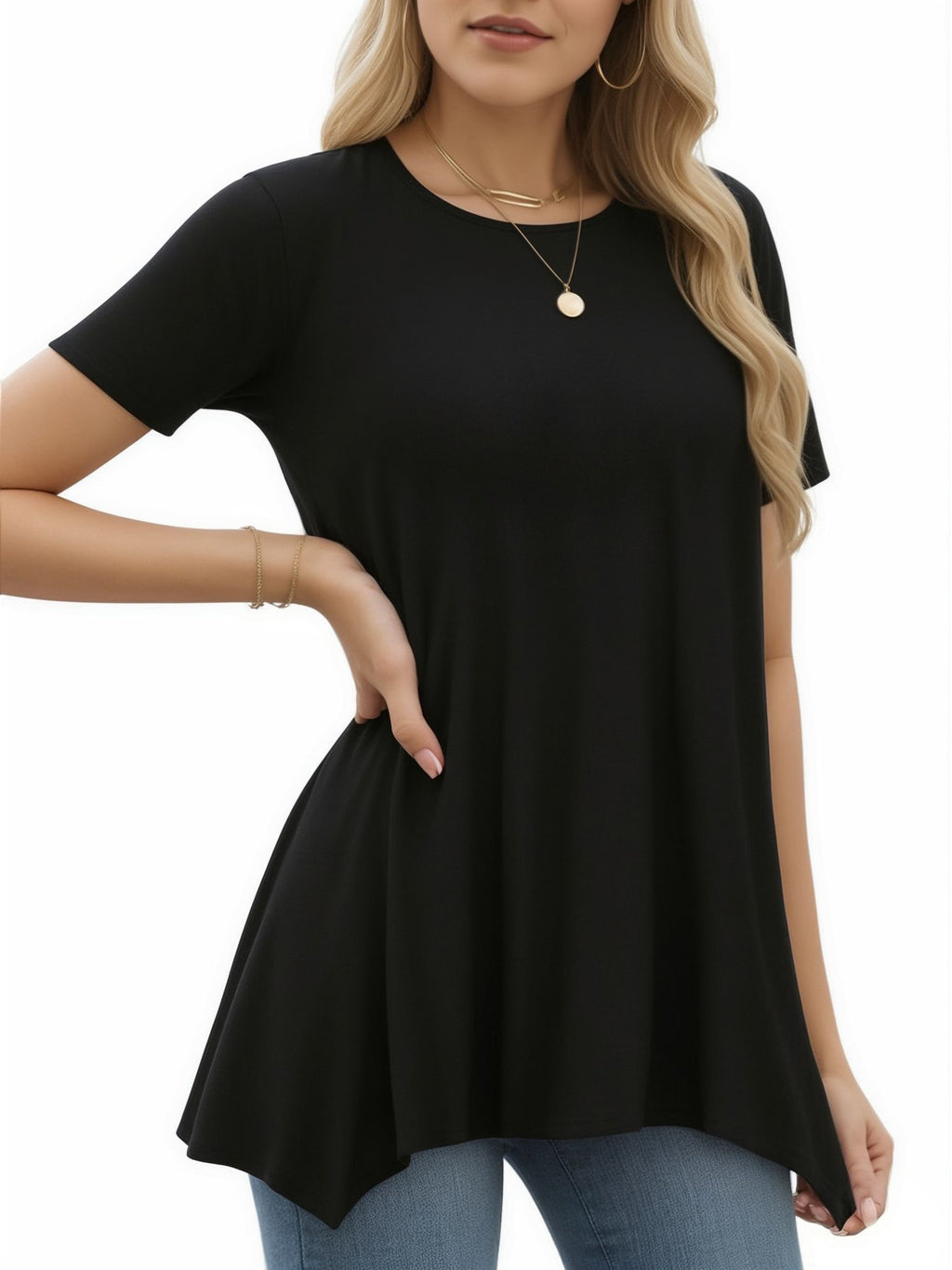 MOYIKO Women's Short Sleeve Swing T-Shirt Flowy Asymmetrical Hem Tee Loose Fit Casual Tops