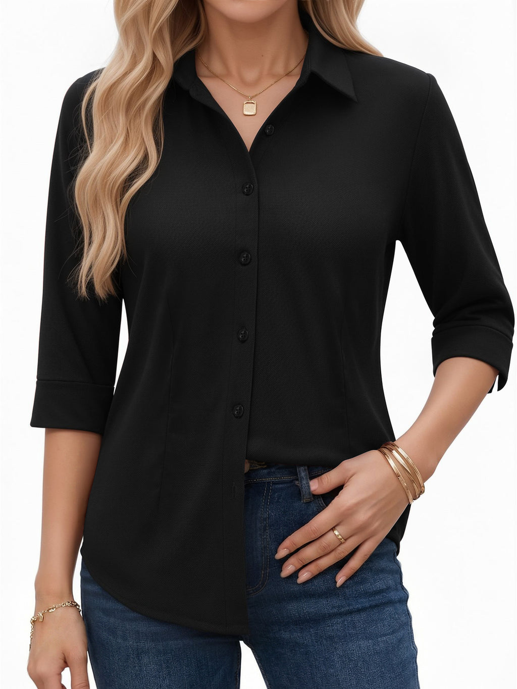 MOYIKO Womens Button Down Shirts 3/4 Sleeve Basic Business Dress Shirts Collared Work Office Fitted Blouses Tops