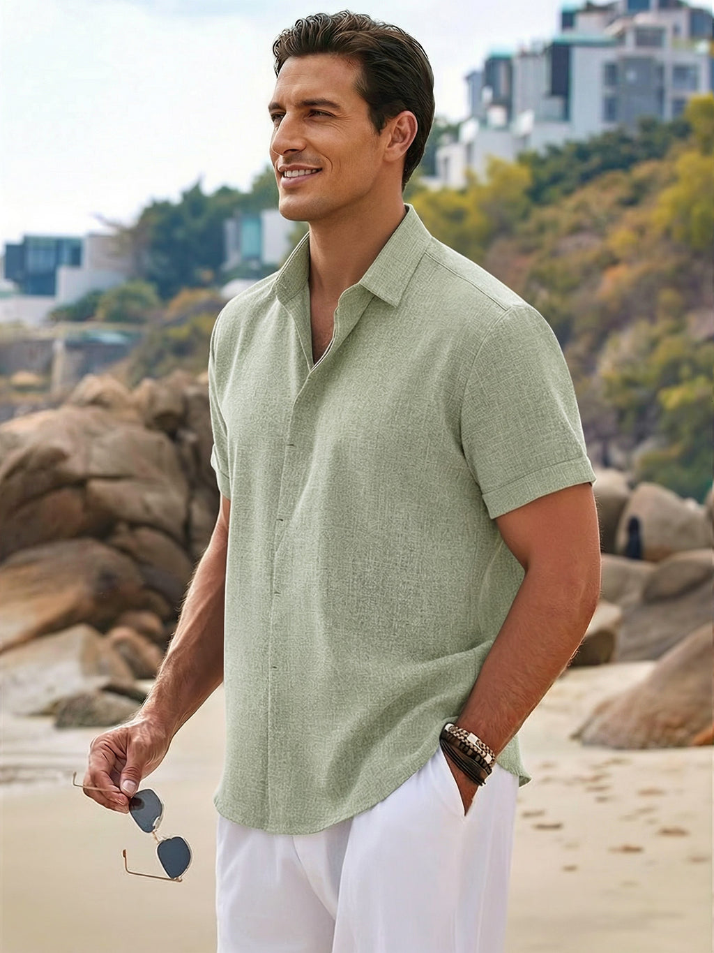 RICHCOIN Men's Linen Shirts Short Sleeve Casual Shirts Button Down Shirt for Men Summer Beach Wedding Dress Shirt