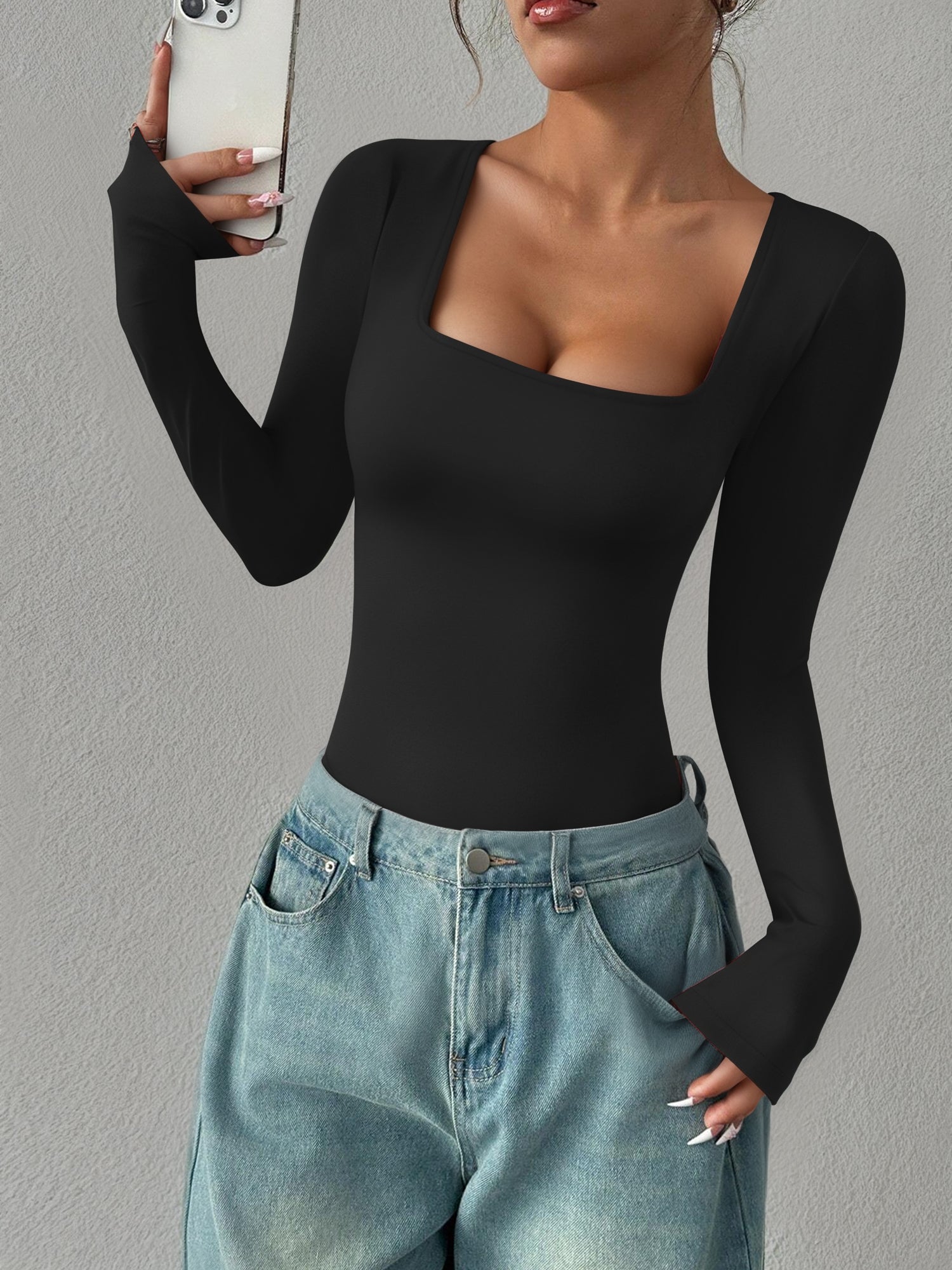 MOYIKO Square Neck Tops for Women Long Sleeve Body Suits Womens Fitted Tight Tops