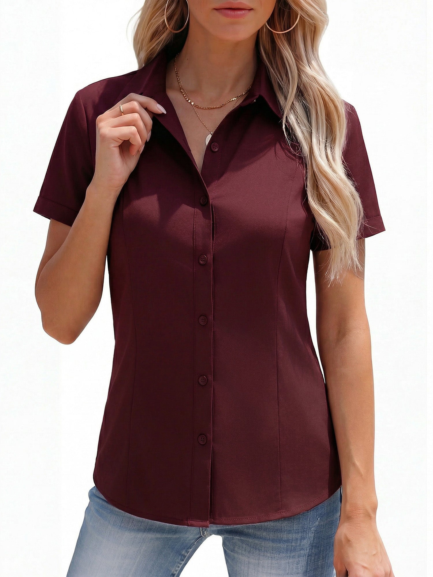 MOYIKO Womens Button Down Shirts Stretch Short Sleeve Dress Shirts Business Work Fitted Collared Office Basic Blouse