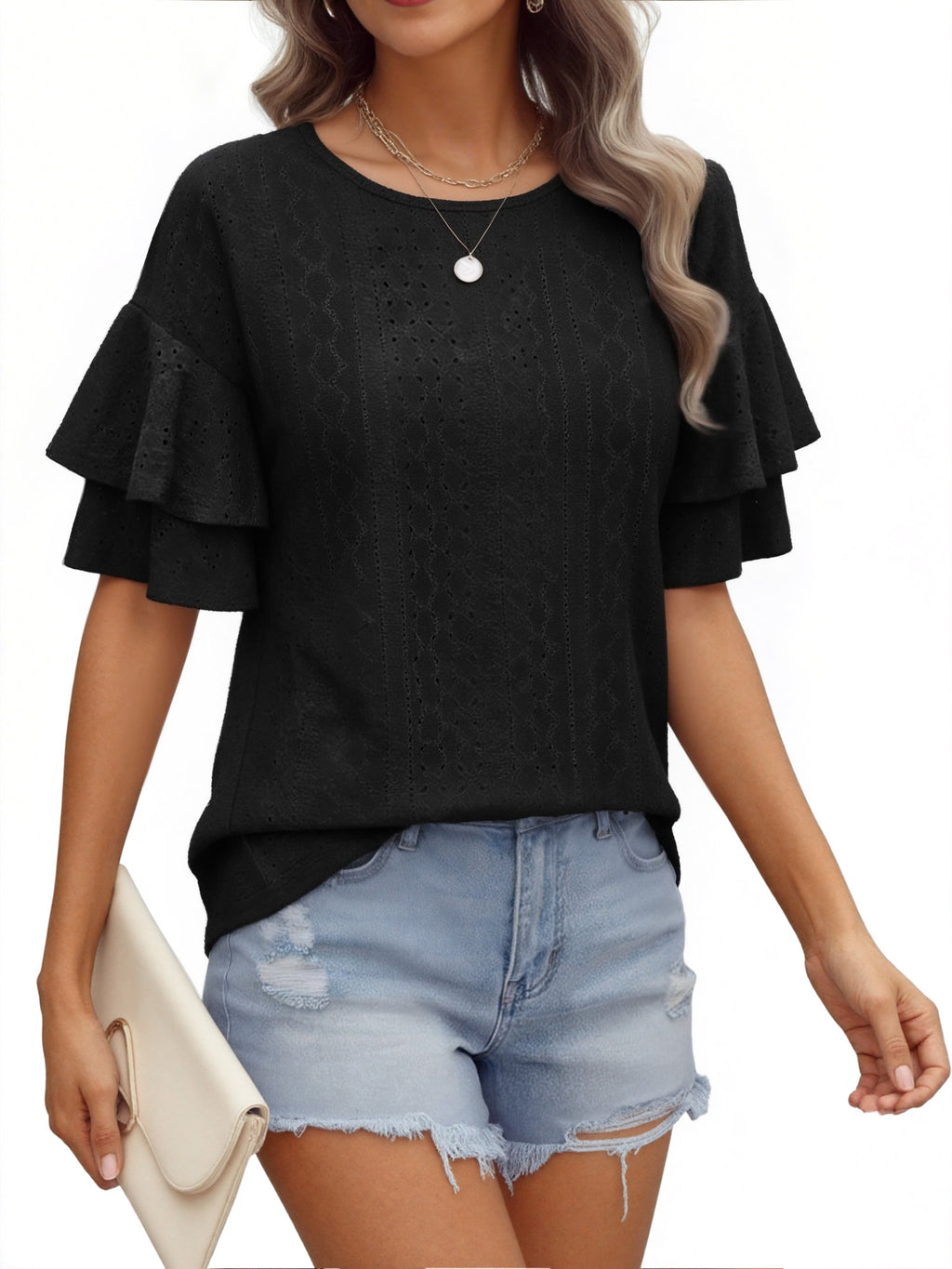 MOYIKO Women Casual Ruffle Half Sleeve Summer tops Crewneck Eyelet Shirts Flowy Dressy Tunic Blouses