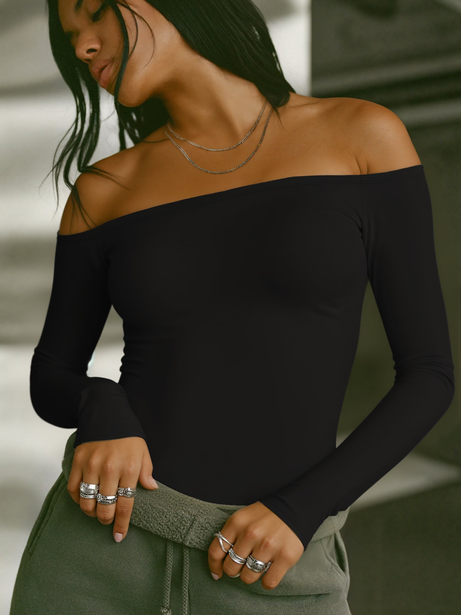 MOYIKO Off The Shoulder Tops For Women Fitted Long Sleeve Shirts Elegant