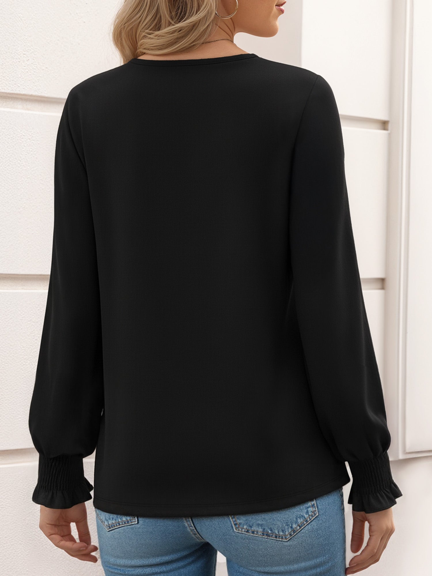 OALUXE Blouses for Women Long Sleeve Shirts V Neck Smocked Cuffs Tunic Tops