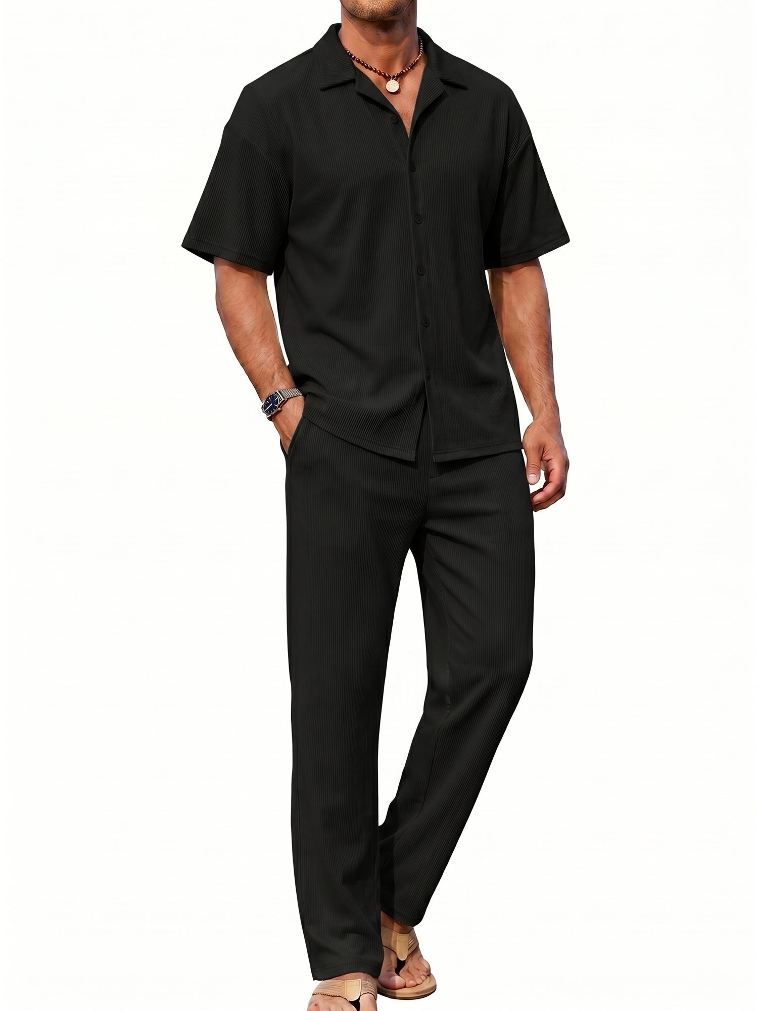 RICHCOIN Men 2 Piece Outfit Set Summer Beach Vacation Suit Short Sleeve Button Shirt & Loose Pant