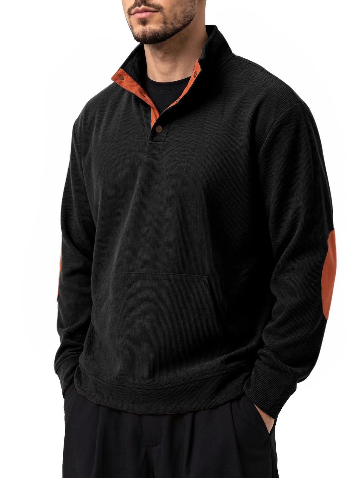 RICHCOIN Mens Corduroy Sweatshirt Long Sleeve Henley Pullover with Elbow Patch Kangaroo Pocket for Fall Winter Casual Wear