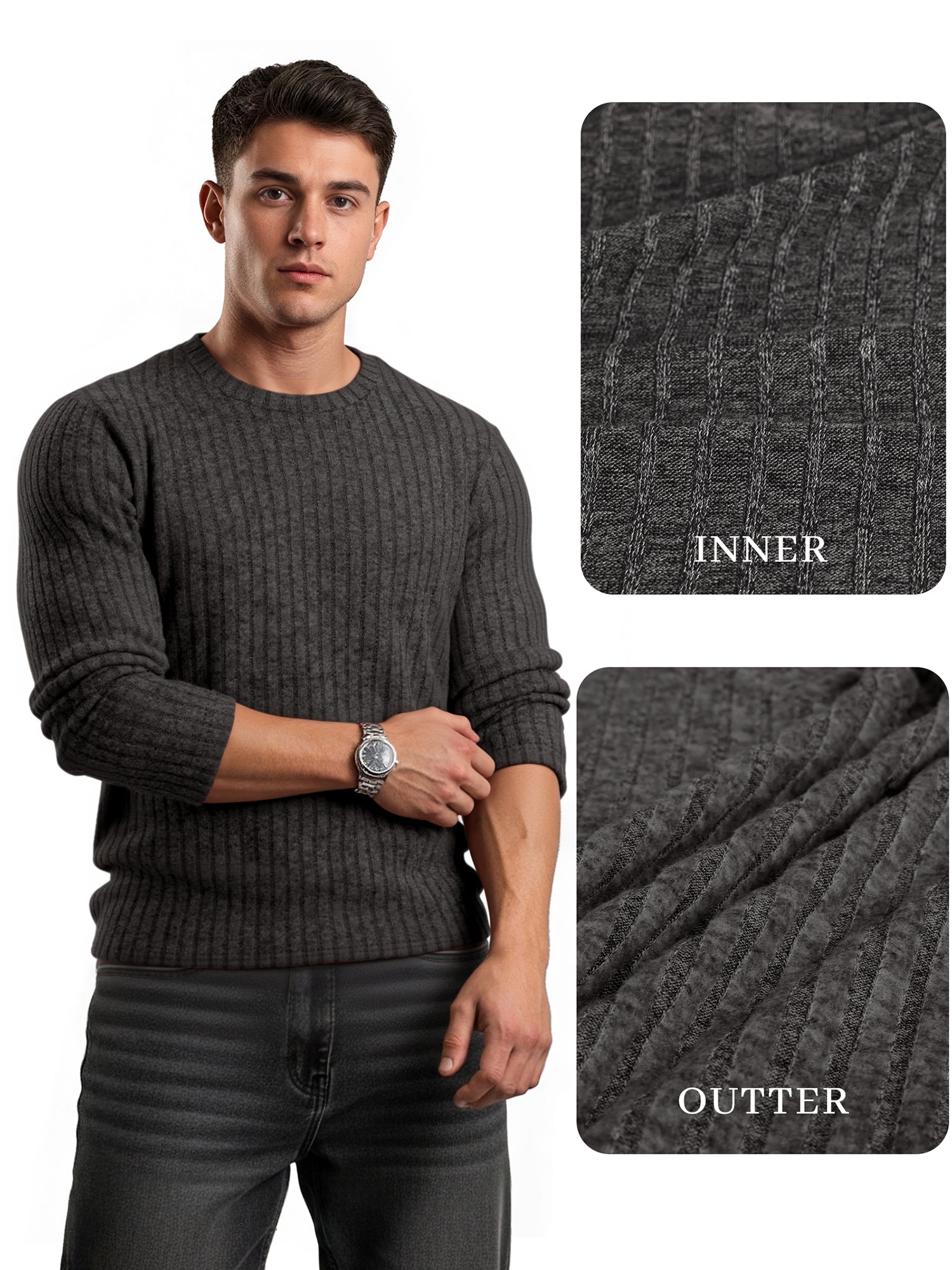 OALUXE Ribbed Long Sleeve Shirts for Men Crewneck Undershirts Thermal Basic Tops