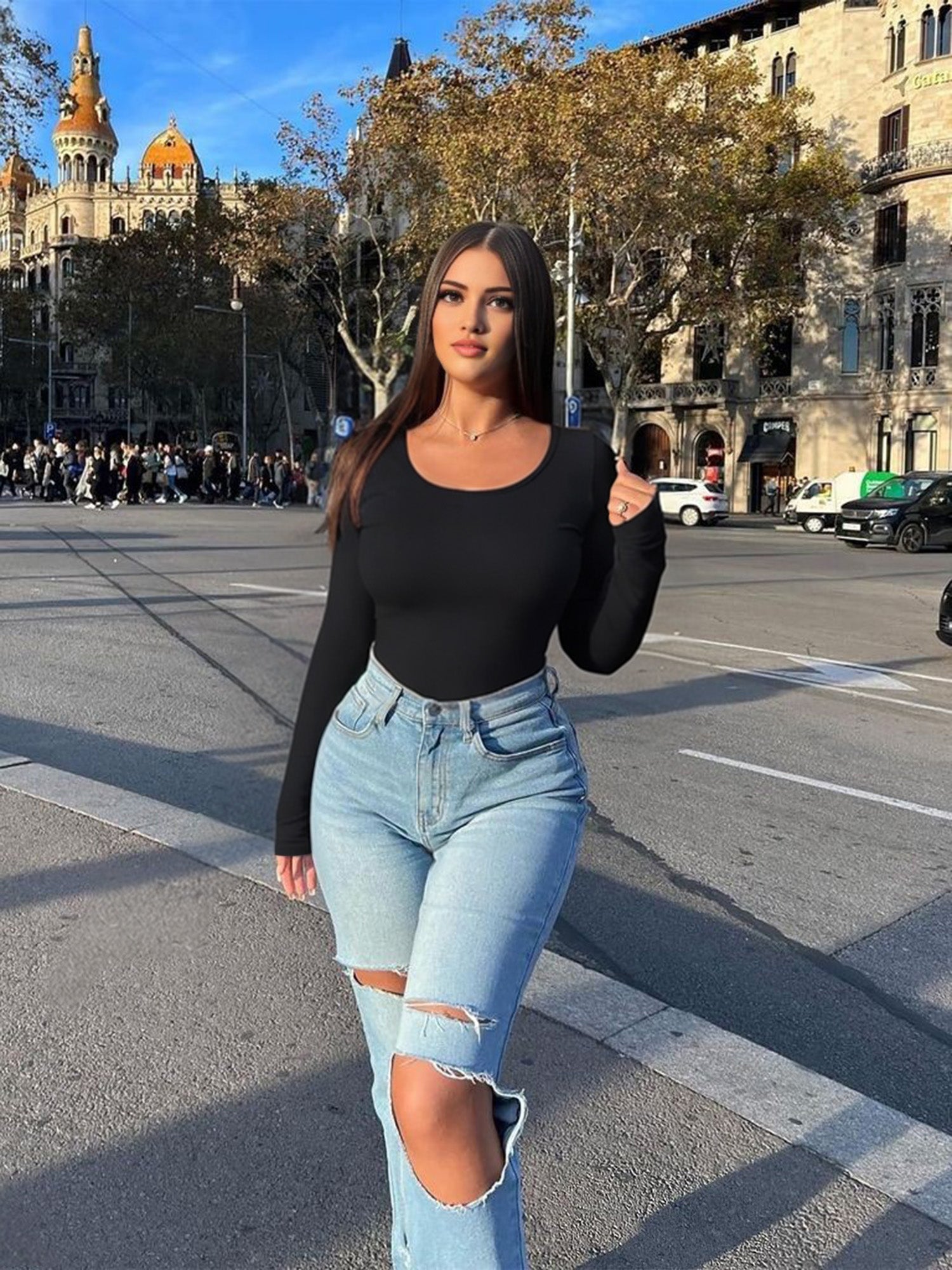 MOYIKO Round Neck Long Sleeve Body Suits Womens Slim Fitted Tight Basic Tops