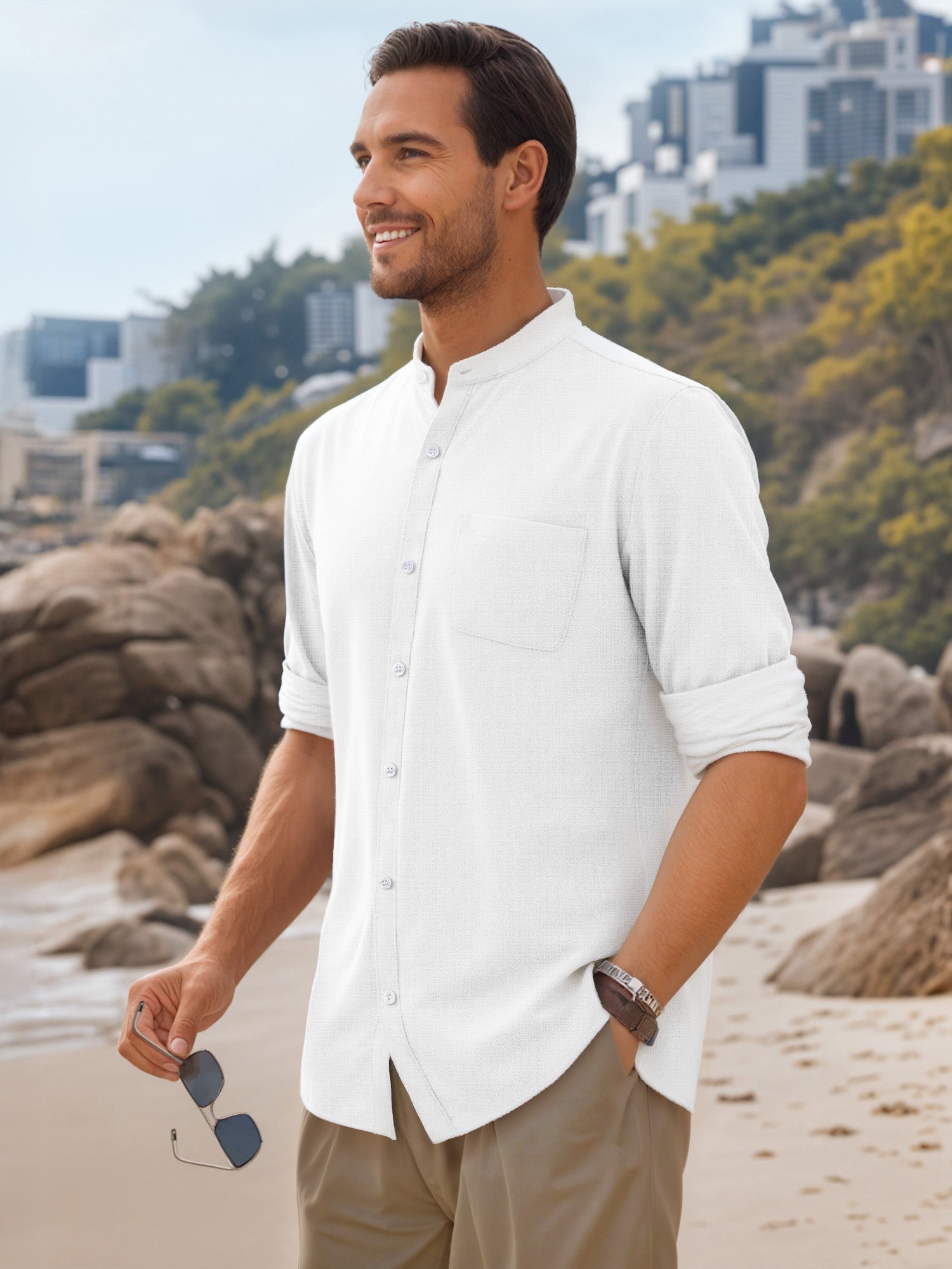 OALUXE Men's Linen Shirts Long Sleeve Button Down Shirt Band Collar Casual Summer Beach Shirts