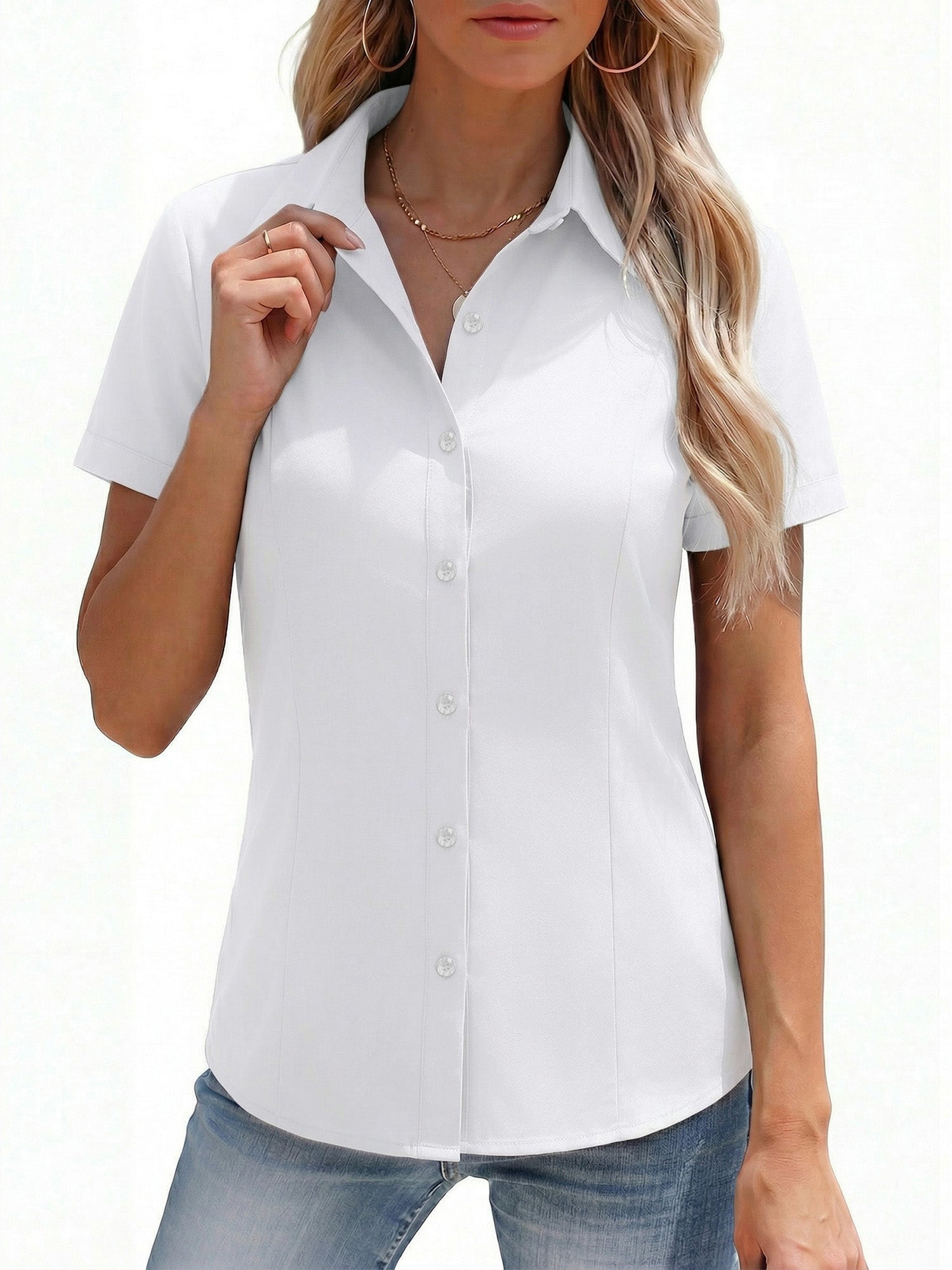 MOYIKO Womens Button Down Shirts Stretch Short Sleeve Dress Shirts Business Work Fitted Collared Office Basic Blouse