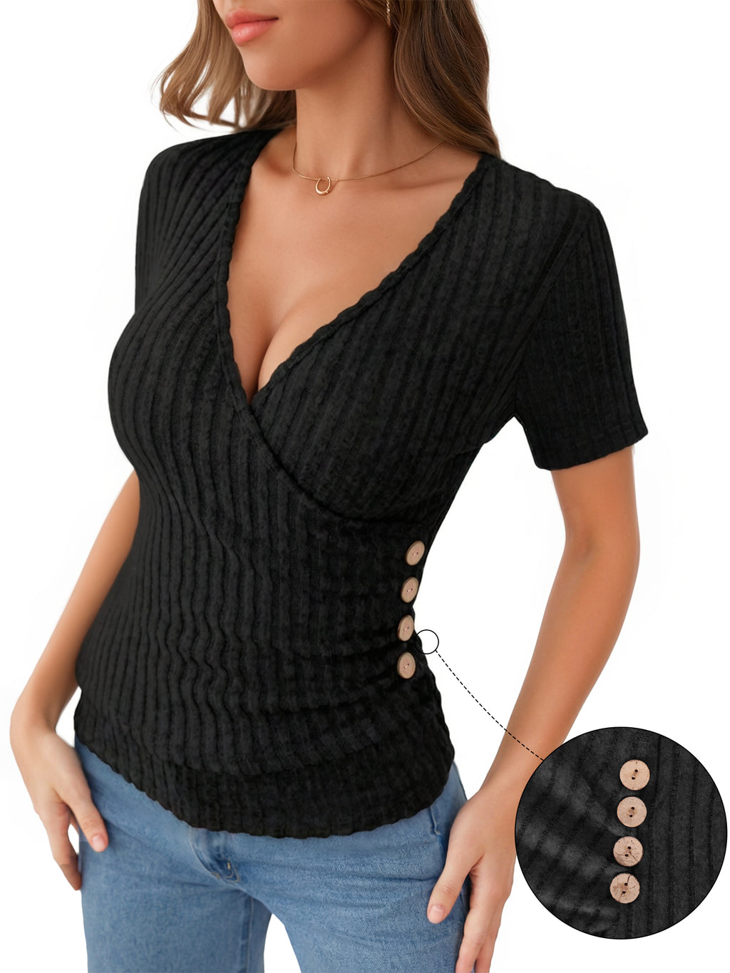 MOYIKO Womens Short Sleeve Summer Tops Trendy V Neck T Shirts Ribbed Knit Slim Fitted Dressy Casual Tees