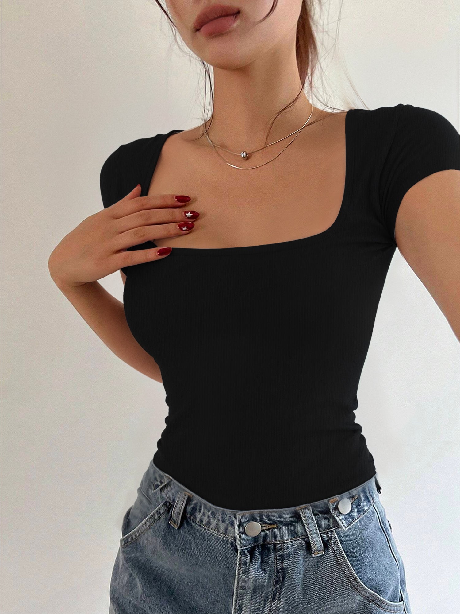 MOYIKO Square Neck Tops for Women Slim Fitted T Shirts Short Sleeve Tight Summer Tees