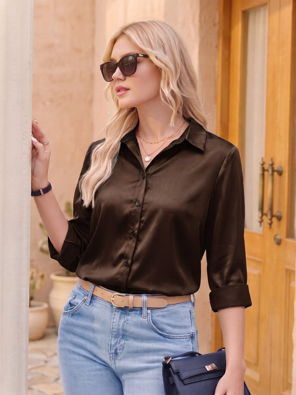 MOYIKO Button Down Shirts for Women Long Sleeve Stain Silk Collared Work Office Basic Business Dress Shirts Blouses Tops