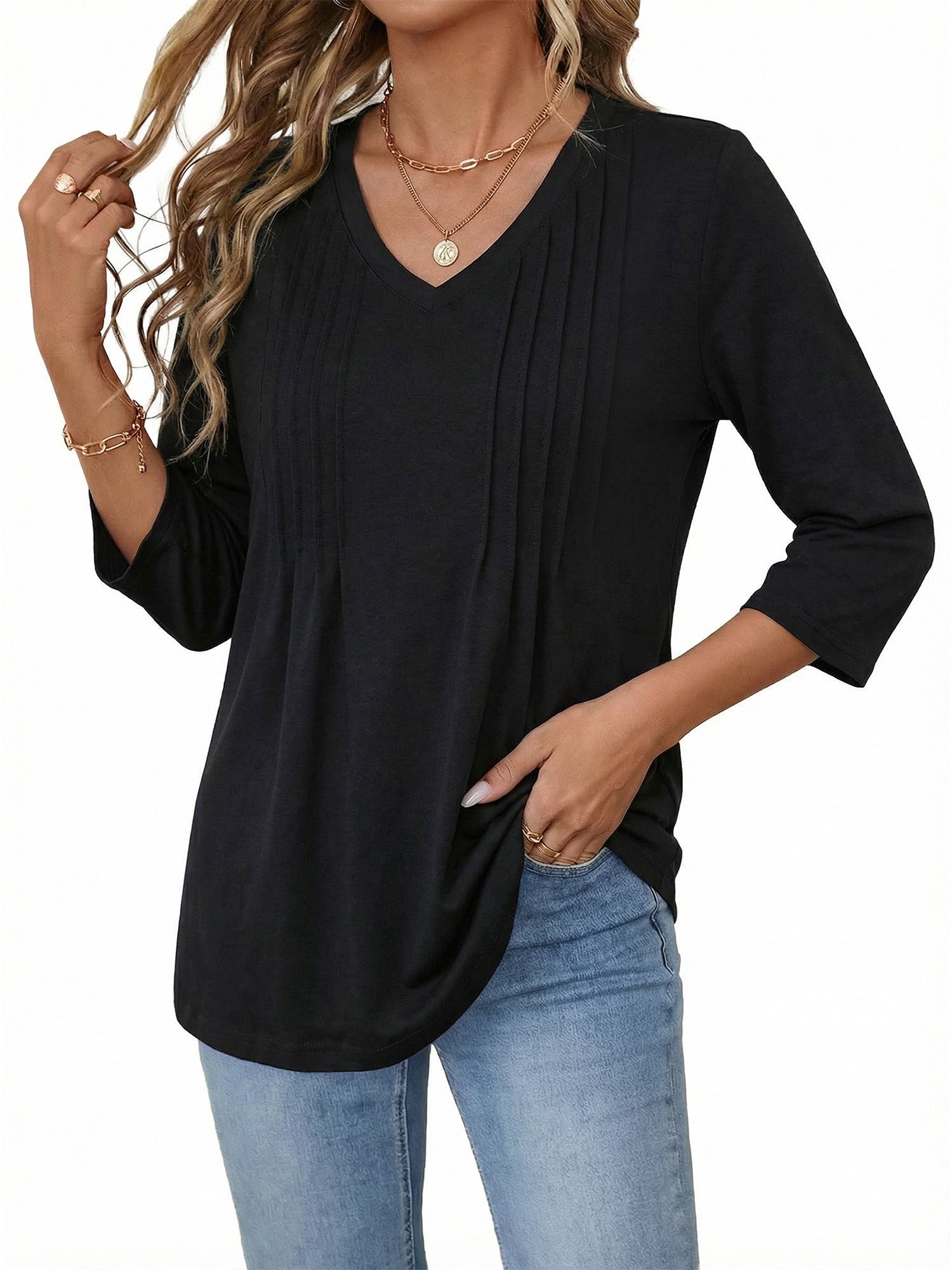 MOYIKO 3/4 Length Sleeve Womens Tops V Neck Pleated Blouses Dressy Casual Tunic Spring Summer Shirts