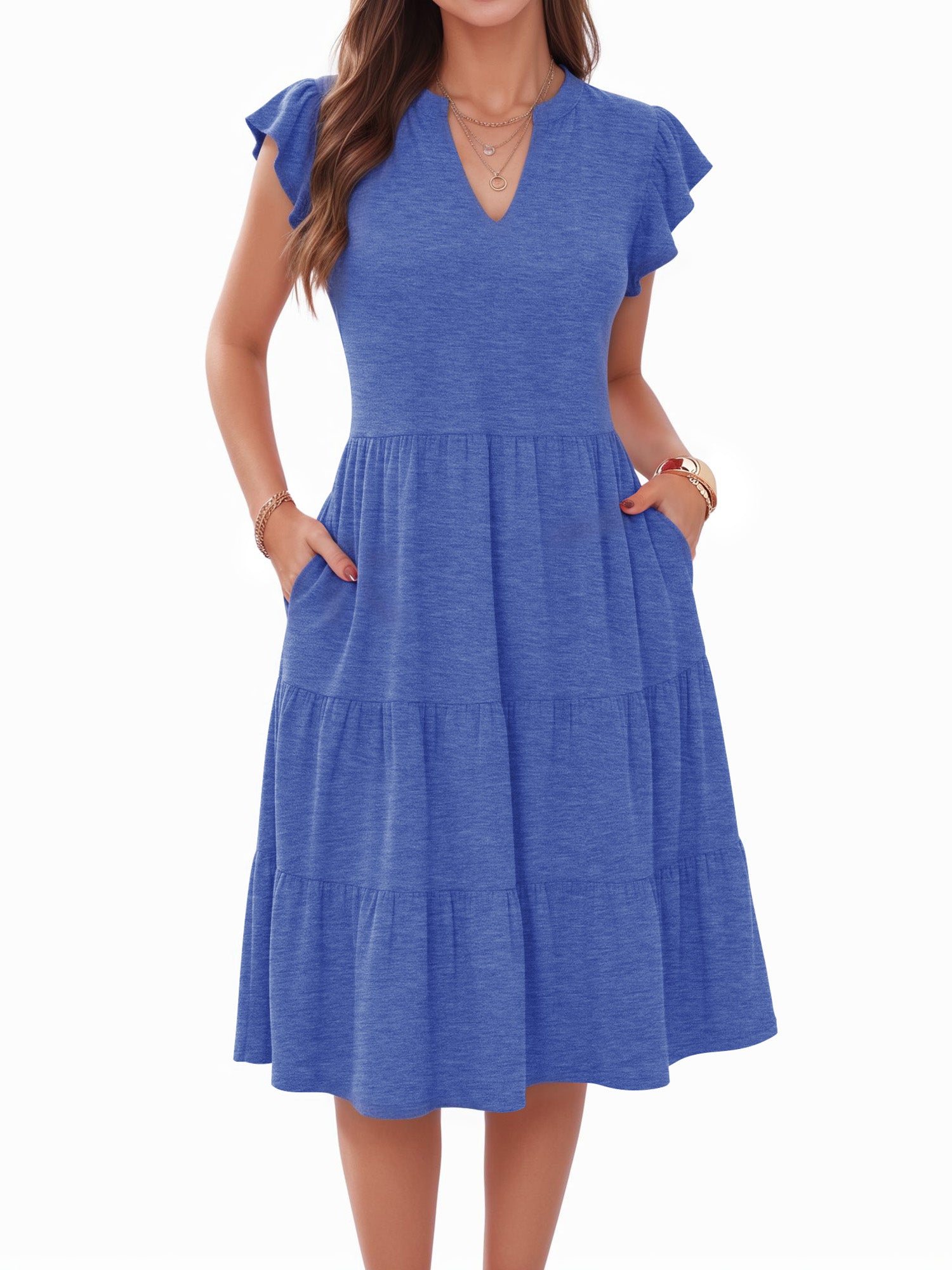 MOYIKO Summer Dresses for Women Ruffle Sleeve V Neck Midi Dresses Fashion Casual Flowy Beach Vacation Sundress with Pockets