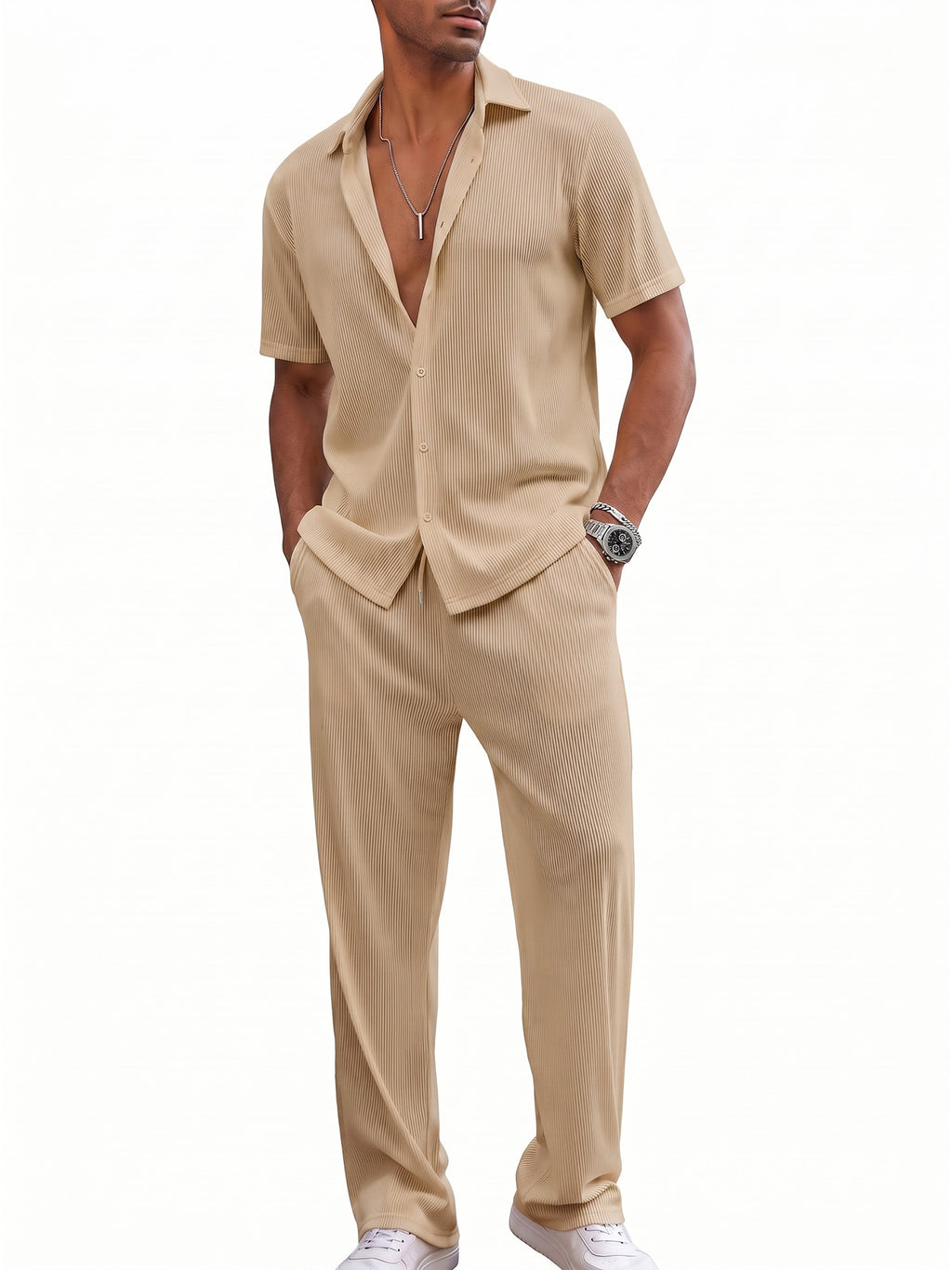 RICHCOIN Men's 2 Piece Beige Summer Beach Button Down Shirt & Pant Outfit Set