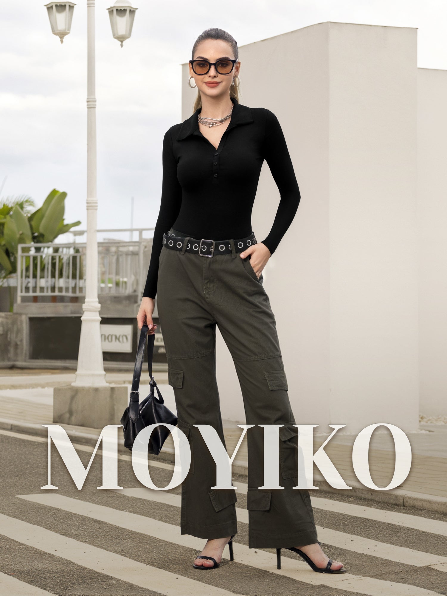 MOYIKO Polo Shirts for Women Long Sleeve Collared Button Down V Neck Tees Tops